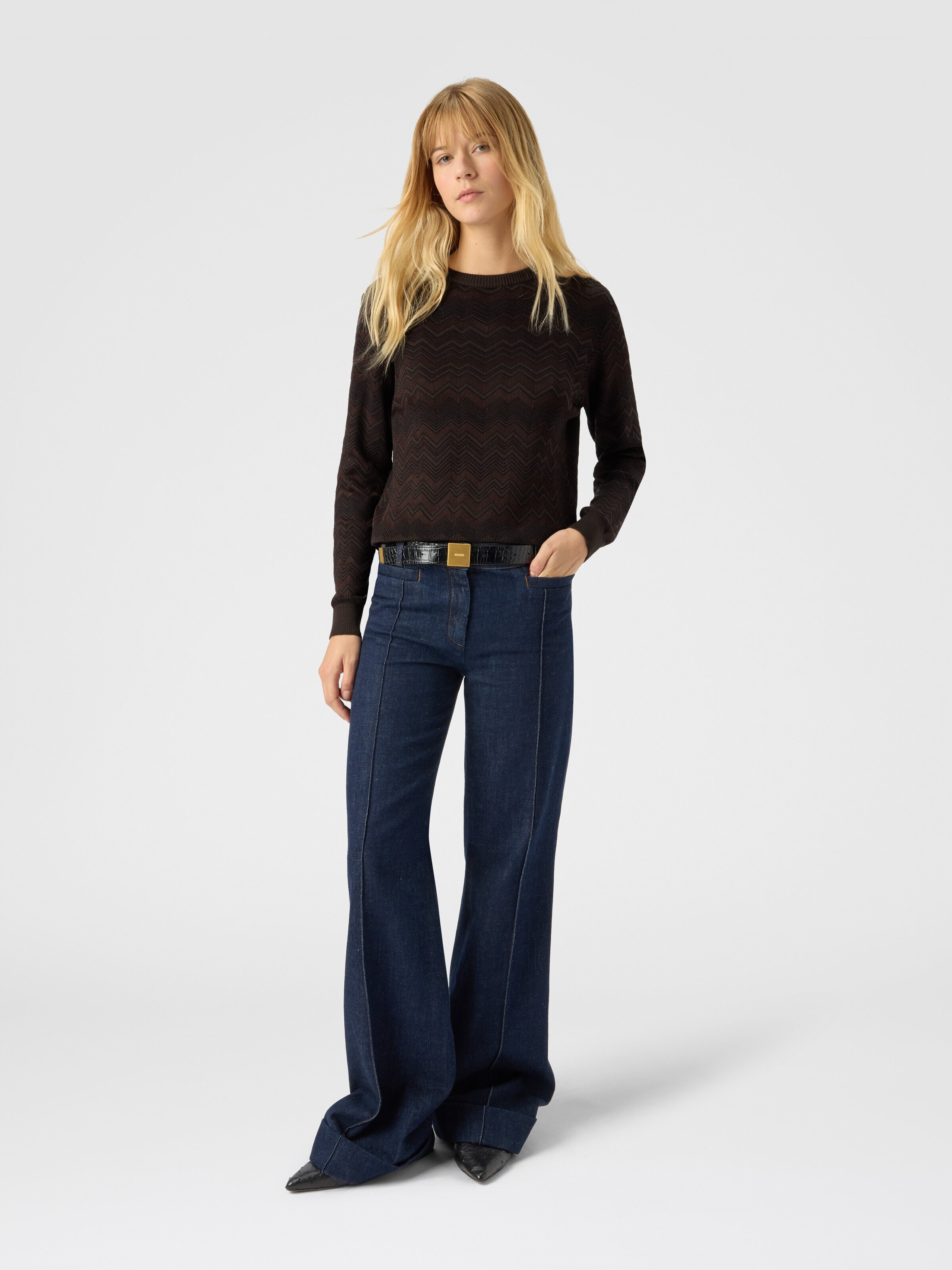Crew neck sweater with chevron pattern, Brown - 1