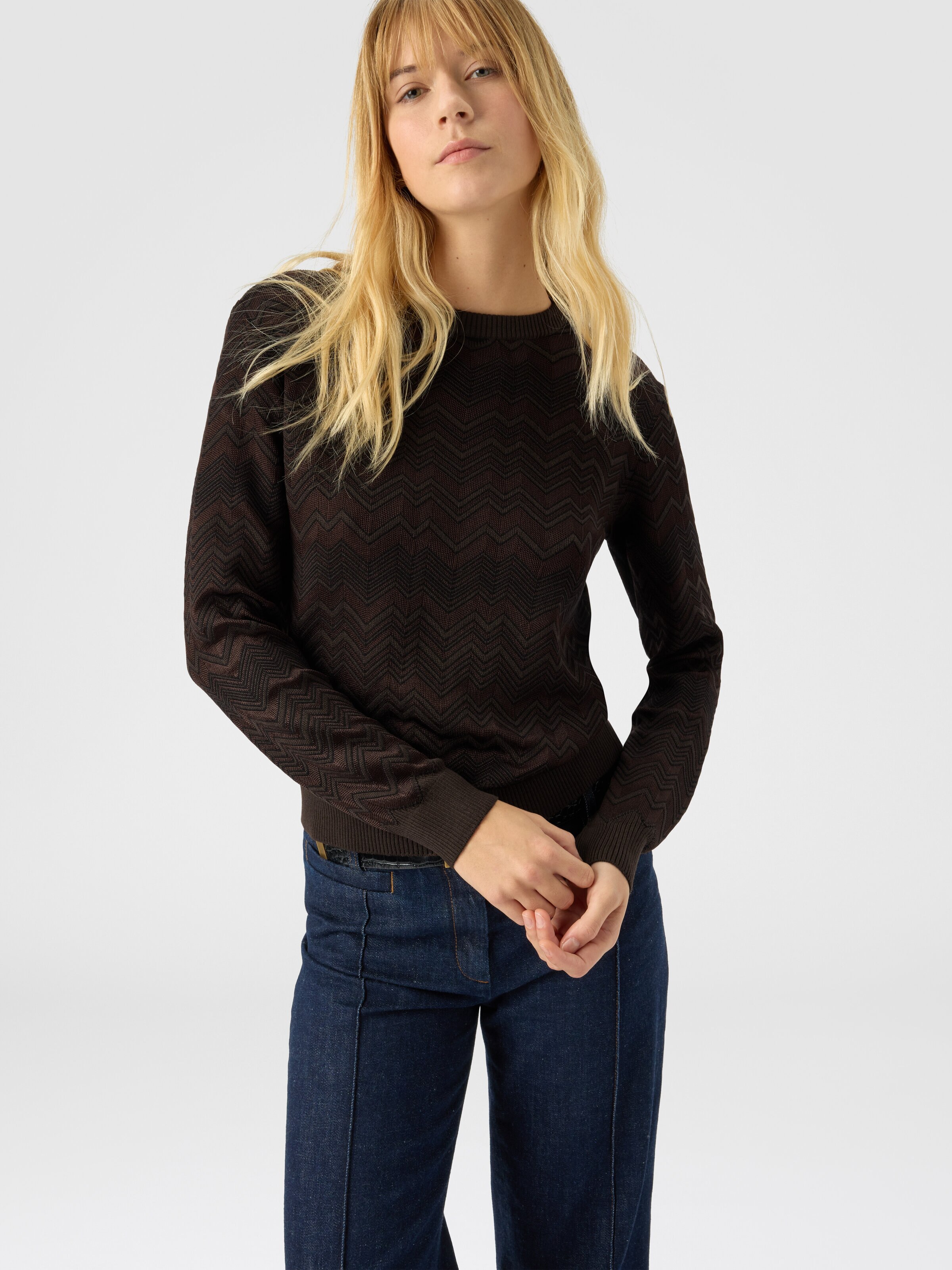 Crew neck sweater with chevron pattern, Brown - 3