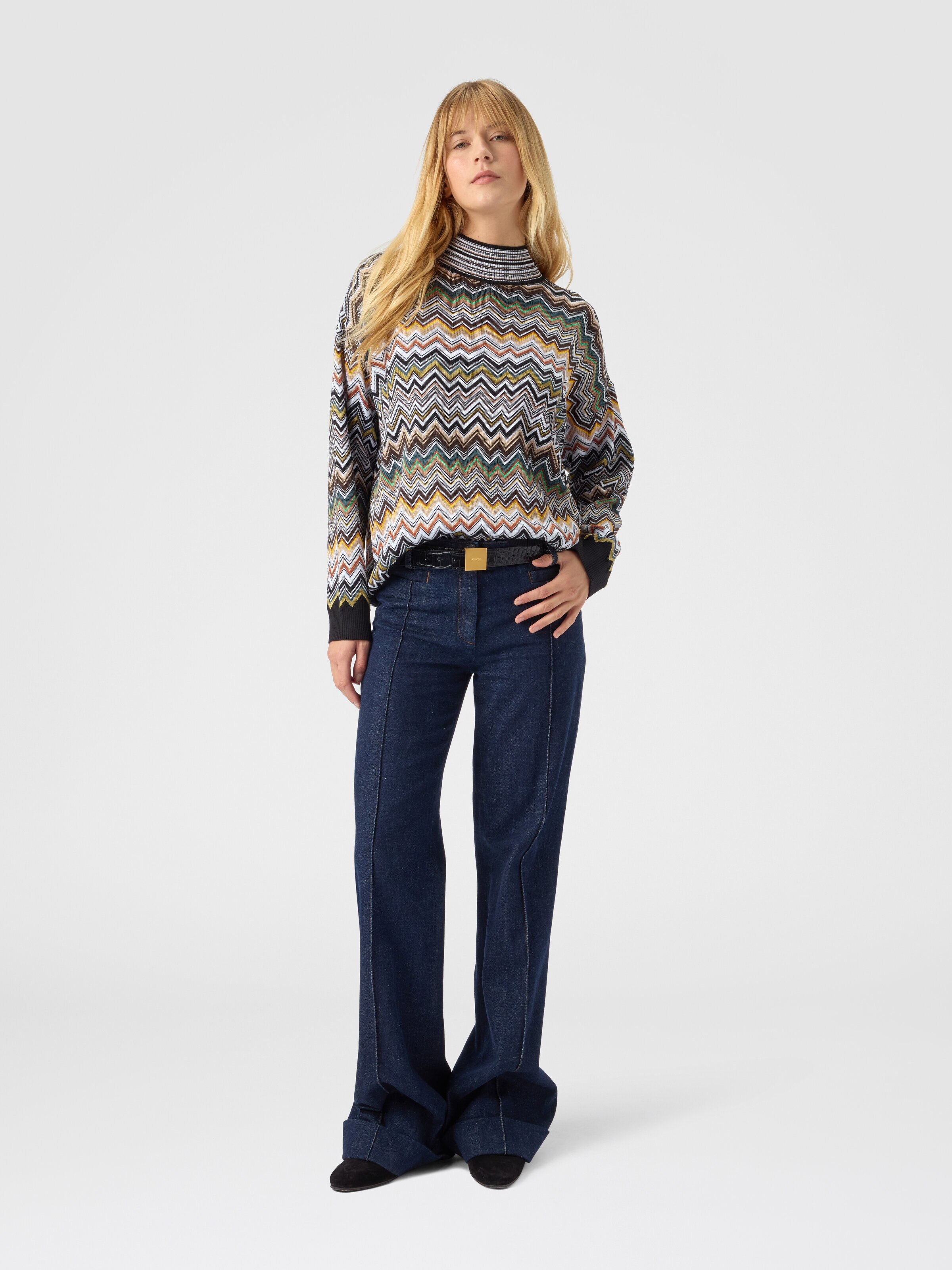 Oversized high-neck sweater with chevron pattern, Multicoloured  - 1