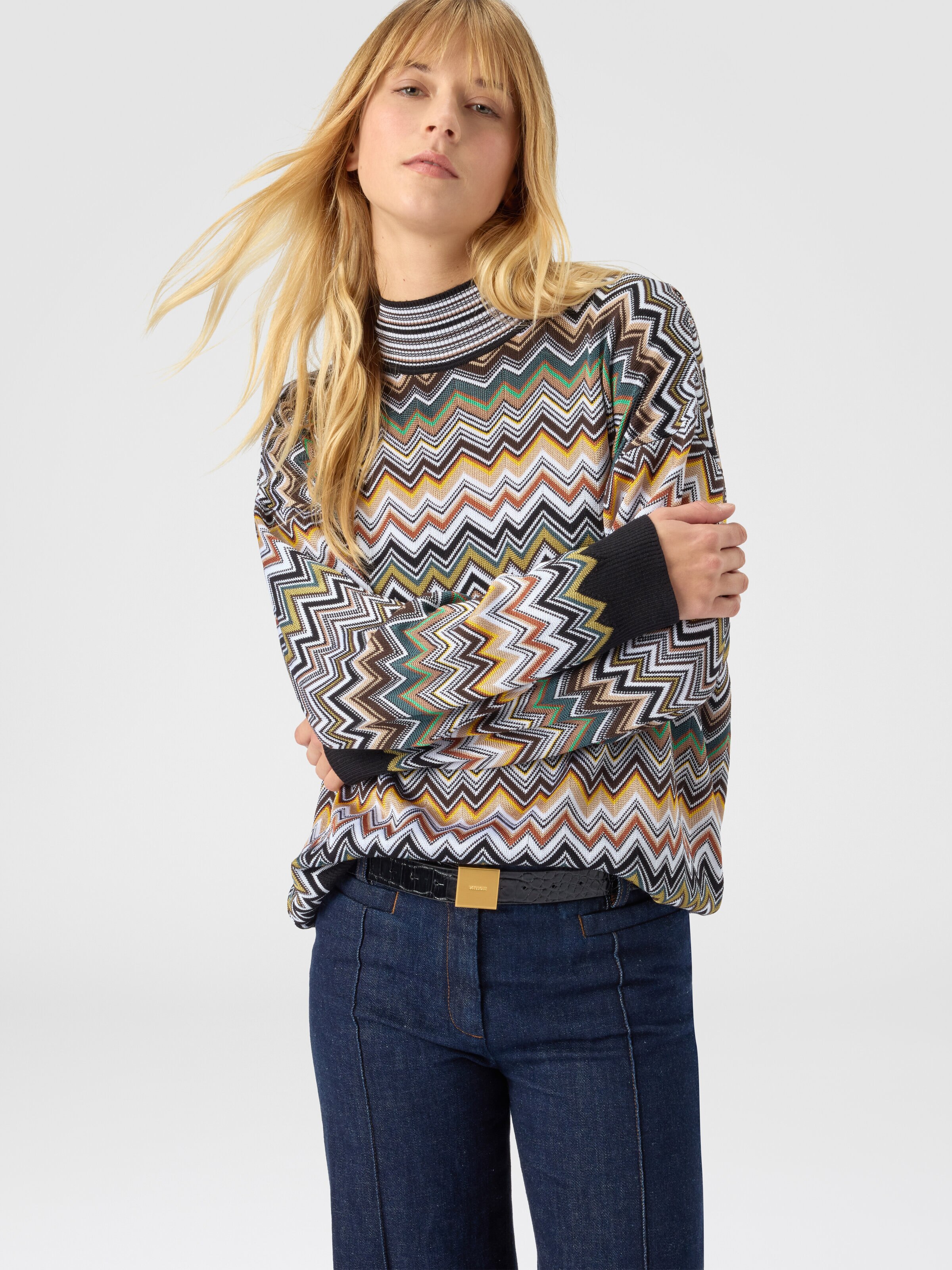 Oversized high-neck sweater with chevron pattern, Multicoloured  - 3