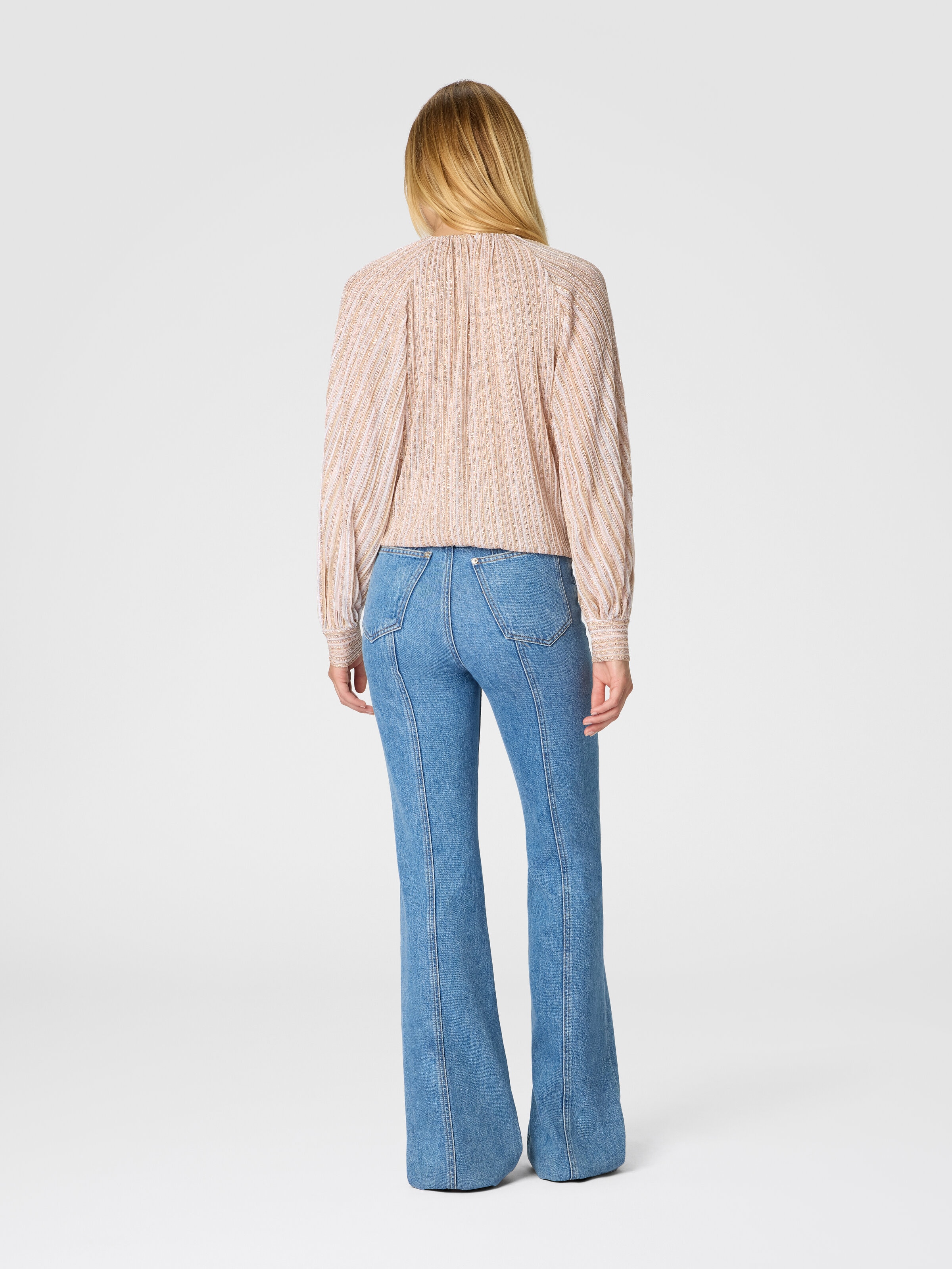 Flared Crew Neck Sweater with Lamé Stripes, White  - 2