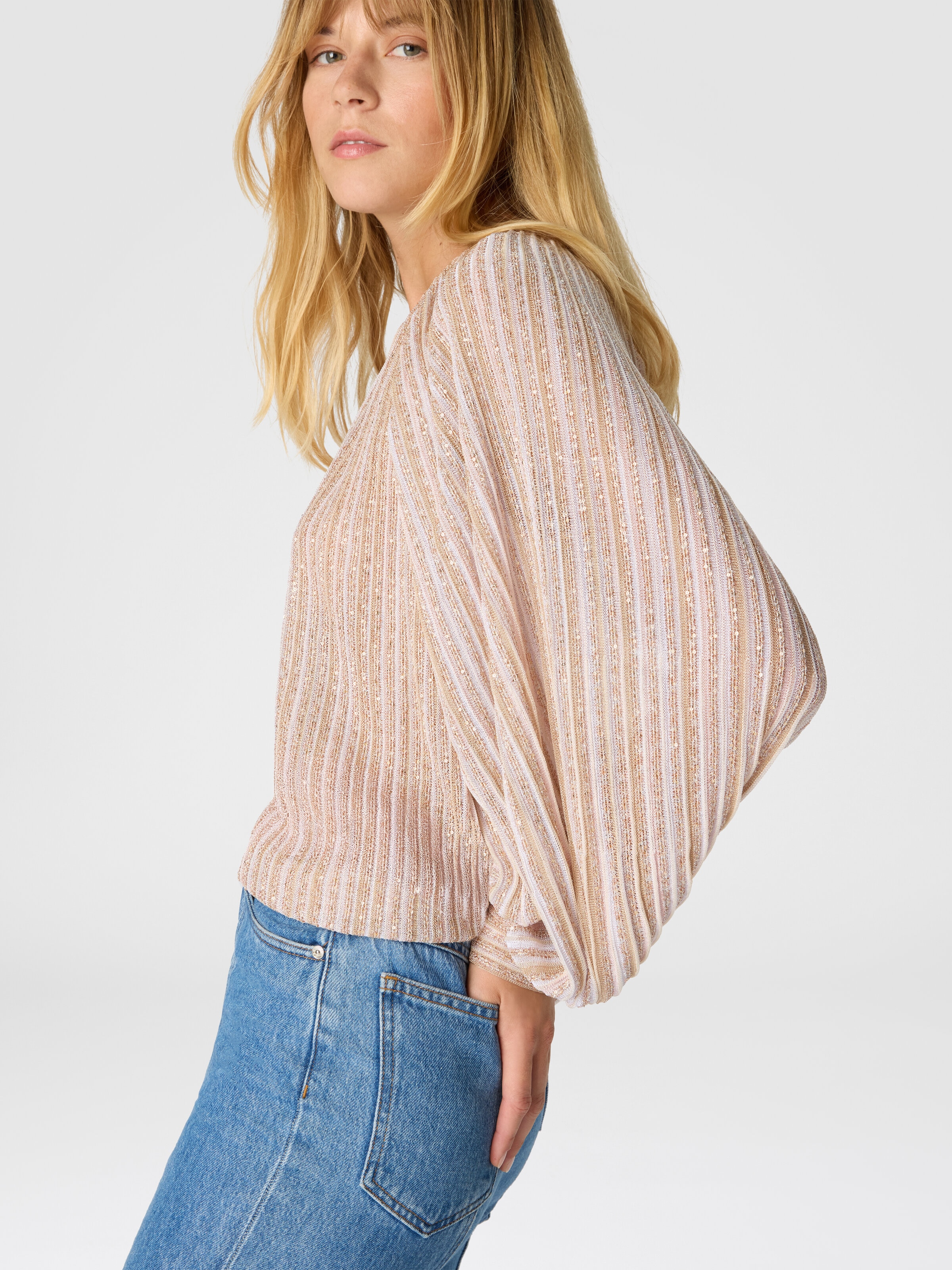 Flared Crew Neck Sweater with Lamé Stripes, White  - 3