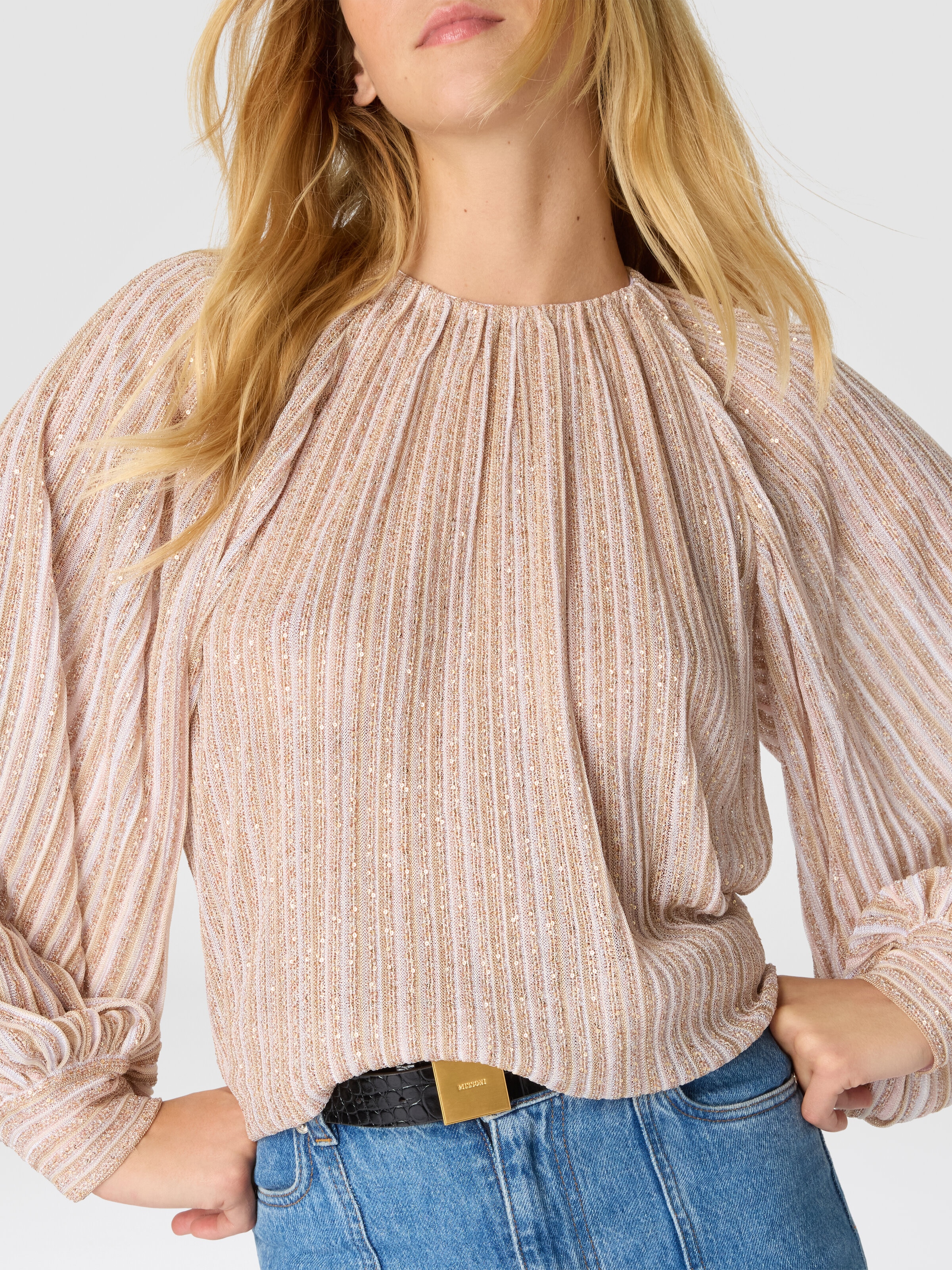 Flared Crew Neck Sweater with Lamé Stripes, White  - 4