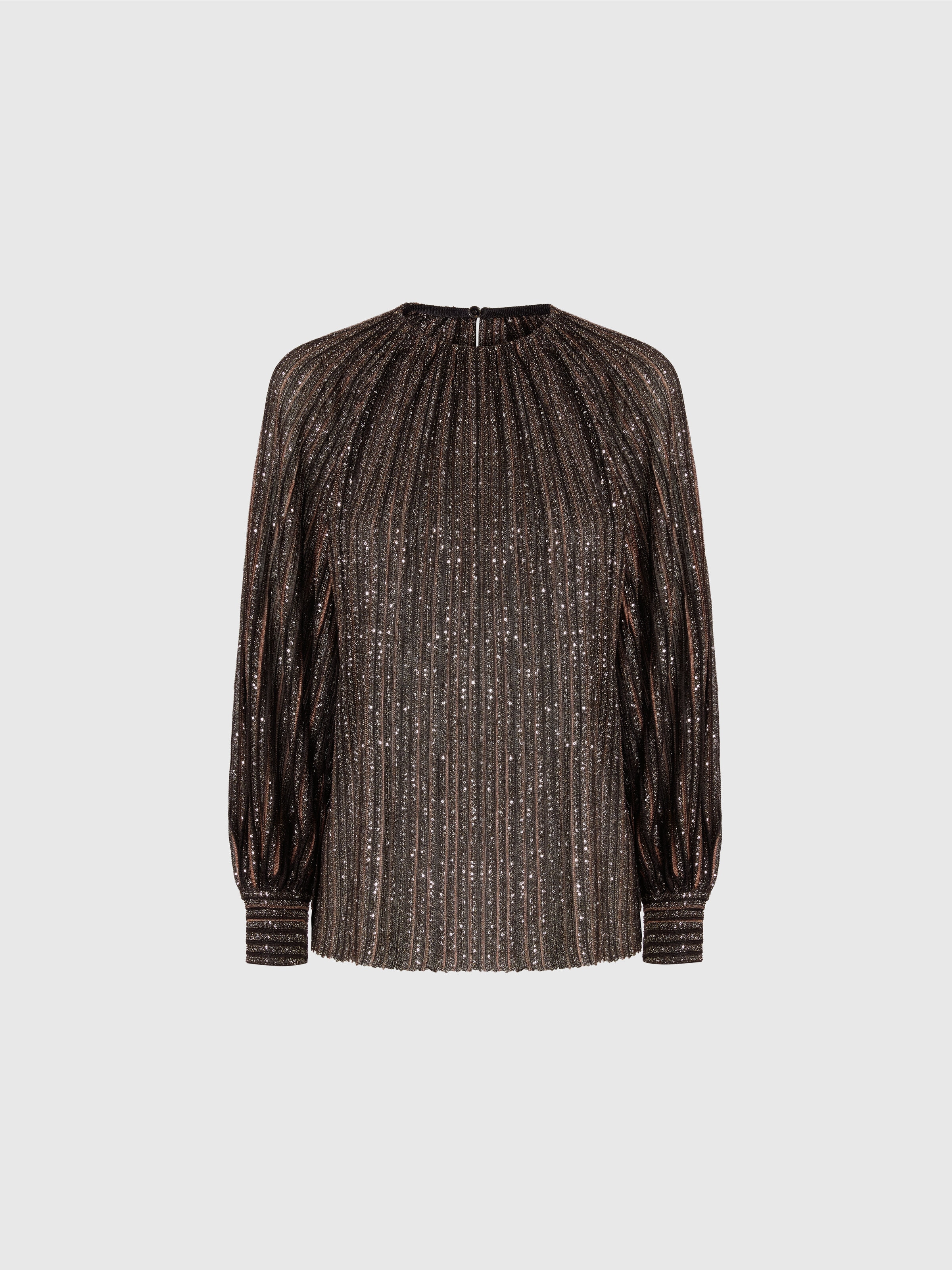 Flared Crew Neck Sweater with Lamé Stripes, Black & Brown - 0