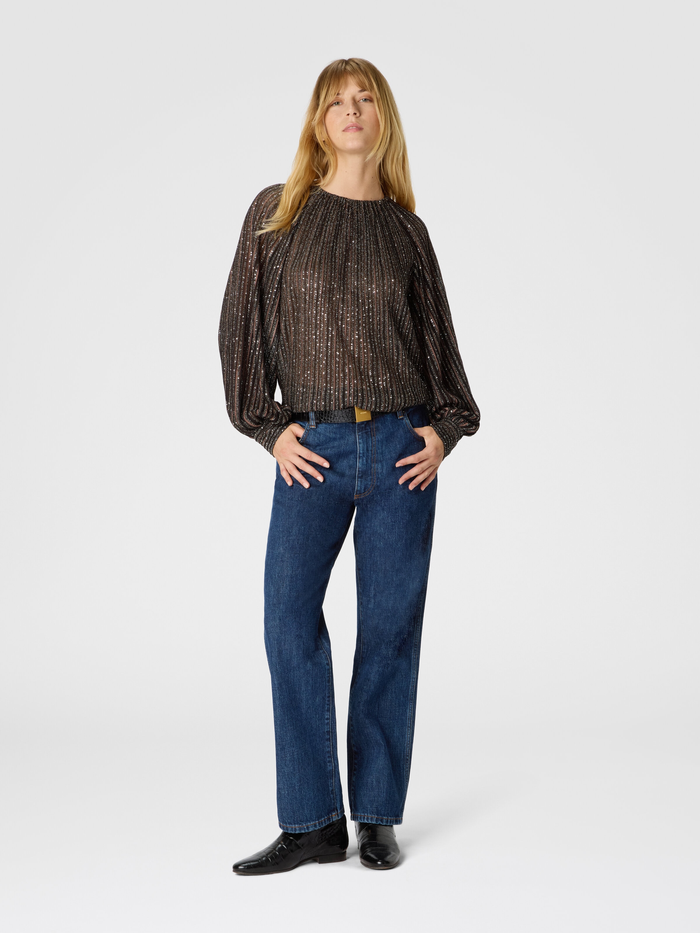 Flared Crew Neck Sweater with Lamé Stripes, Black & Brown - 1