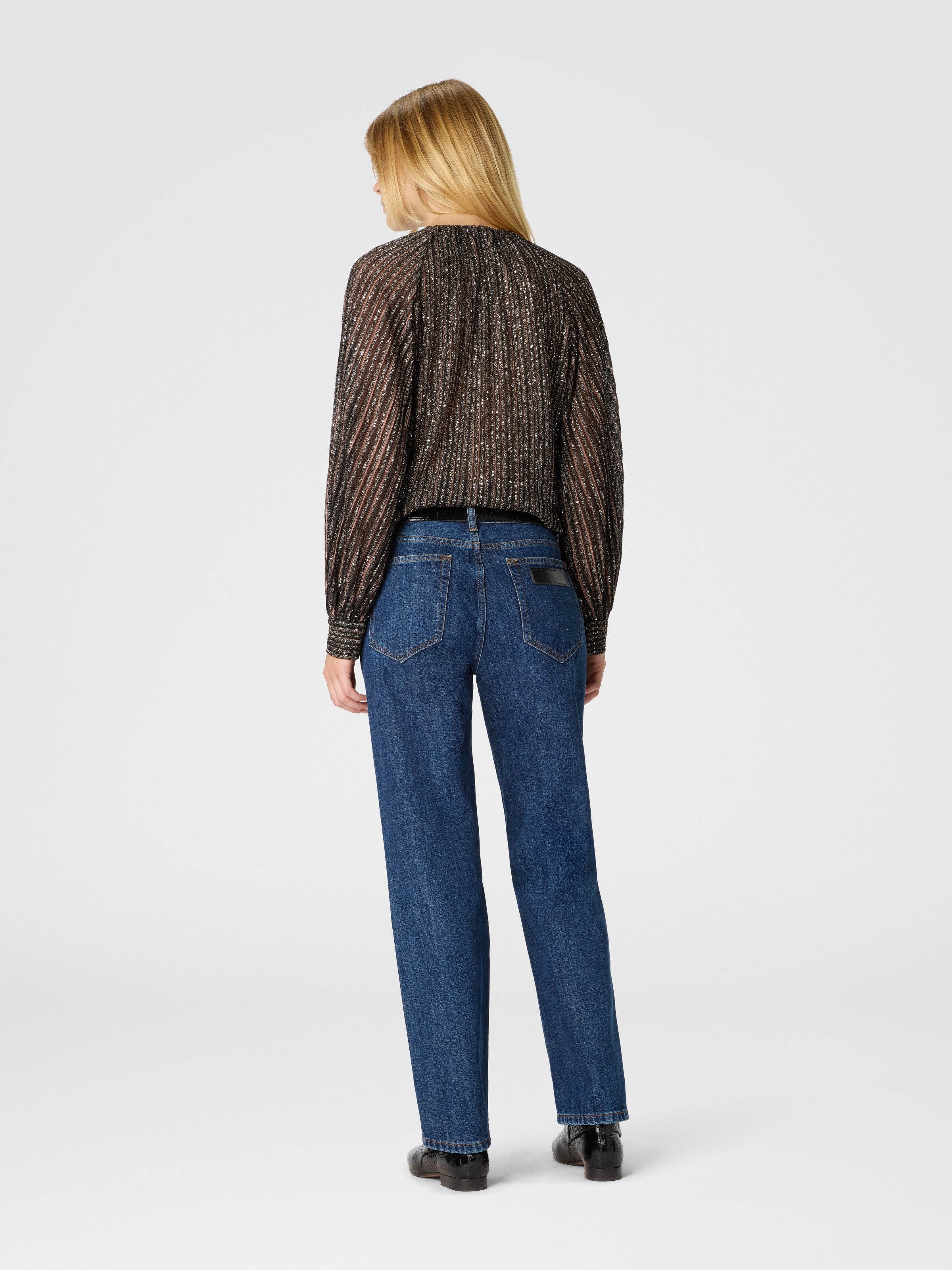 Flared Crew Neck Sweater with Lamé Stripes, Black & Brown - 2