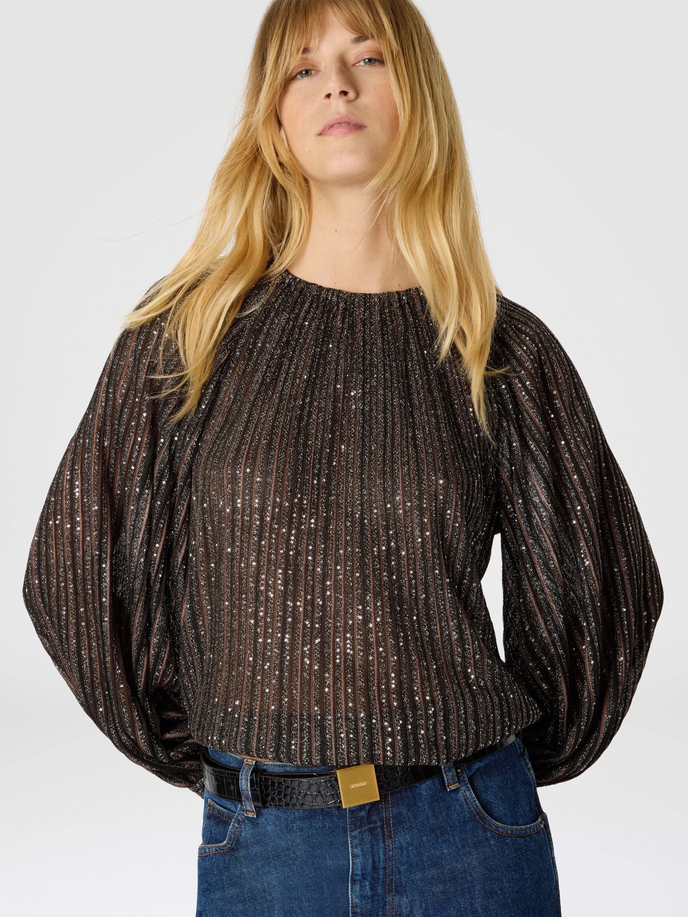 Flared Crew Neck Sweater with Lamé Stripes, Black & Brown - 3