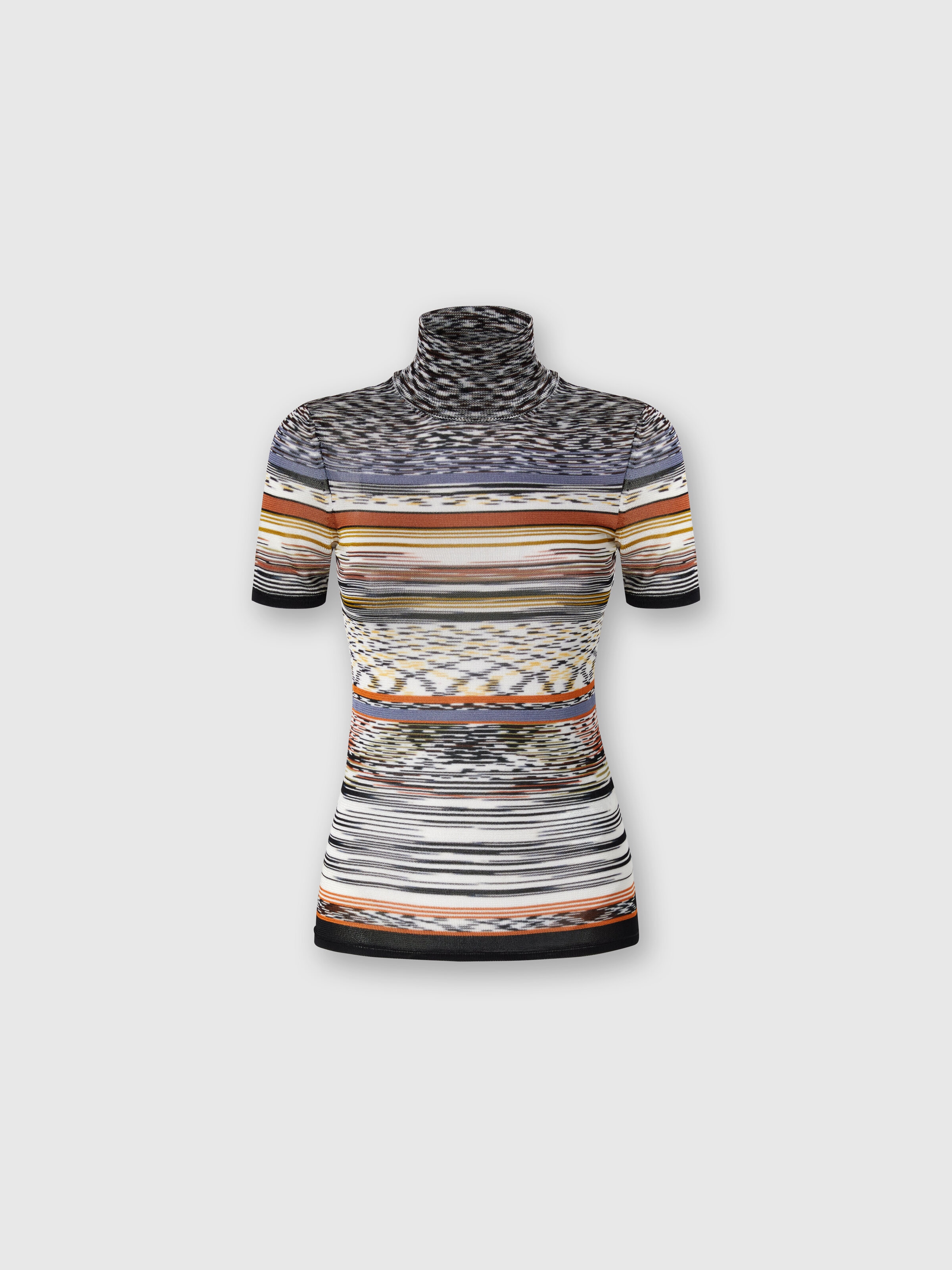 Mock Neck Sweater in Striped Knit, Multicoloured  - 0