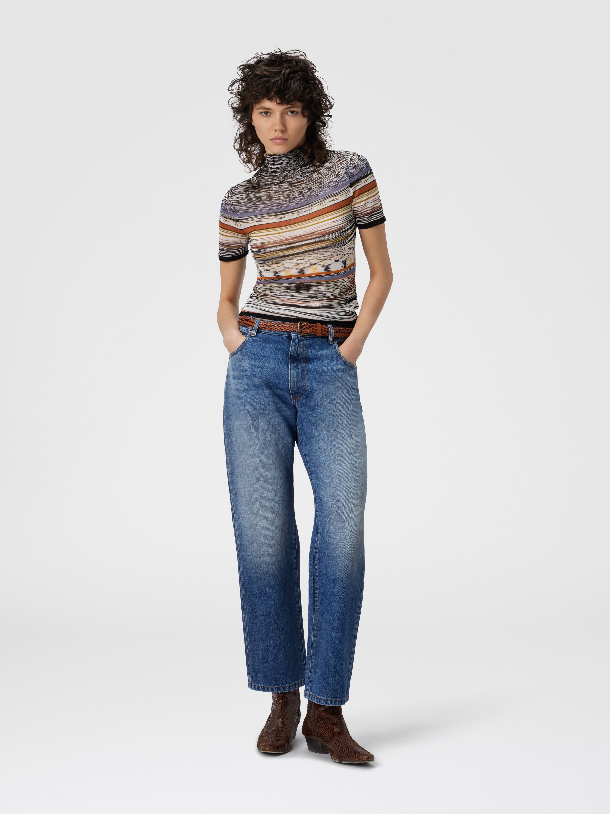 Mock Neck Sweater in Striped Knit, Multicoloured  - 1