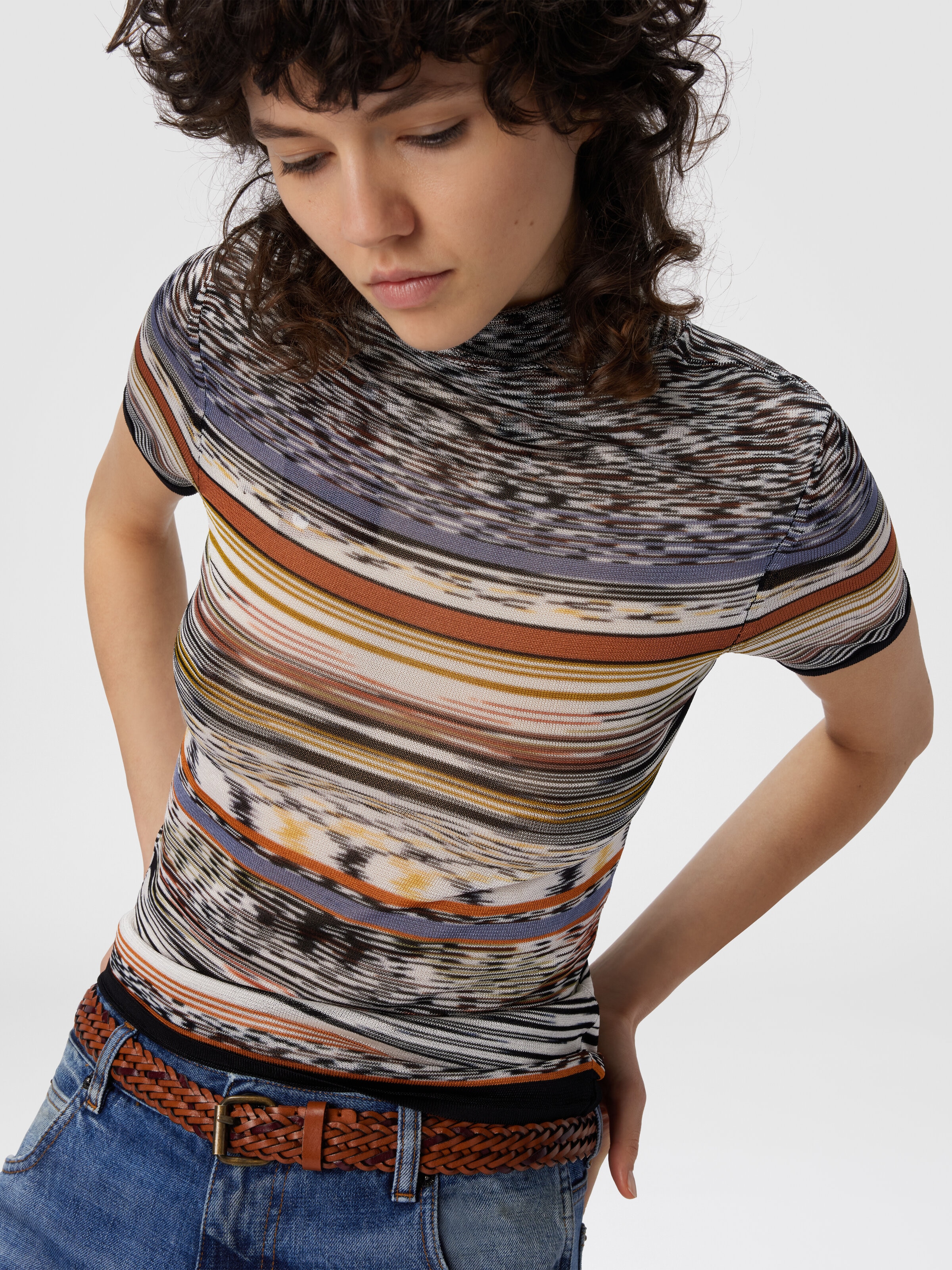 Mock Neck Sweater in Striped Knit, Multicoloured  - 3