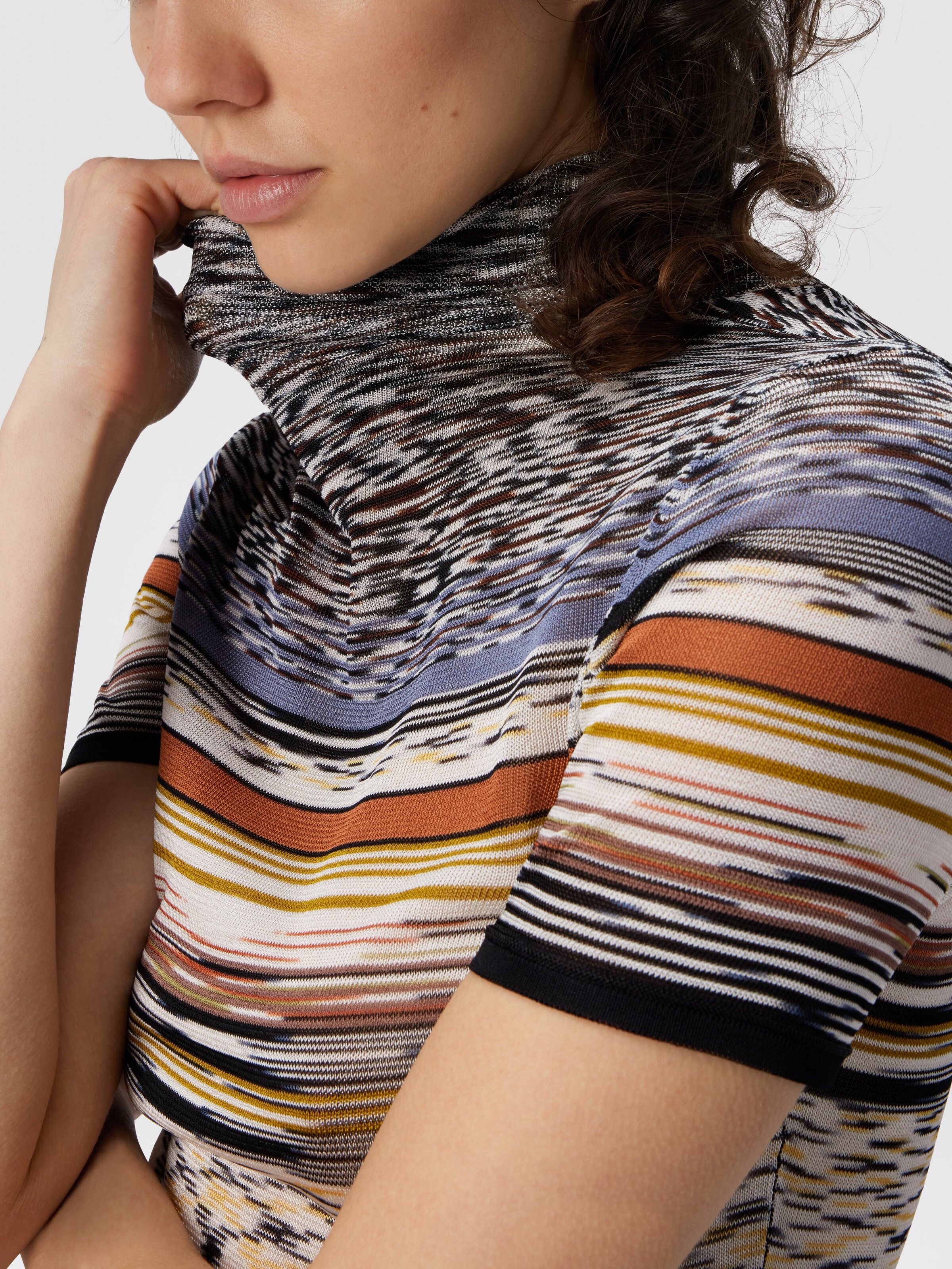 Mock Neck Sweater in Striped Knit, Multicoloured  - 4