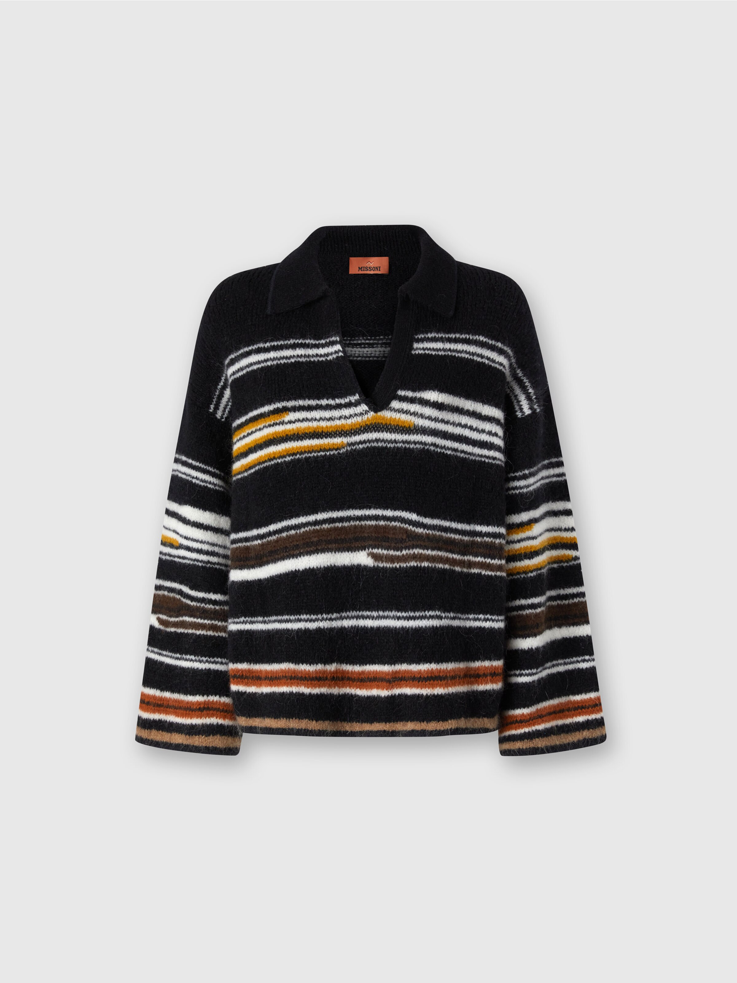 Oversized Long Sleeve Polo with Striped Inlay, Multicoloured  - 0