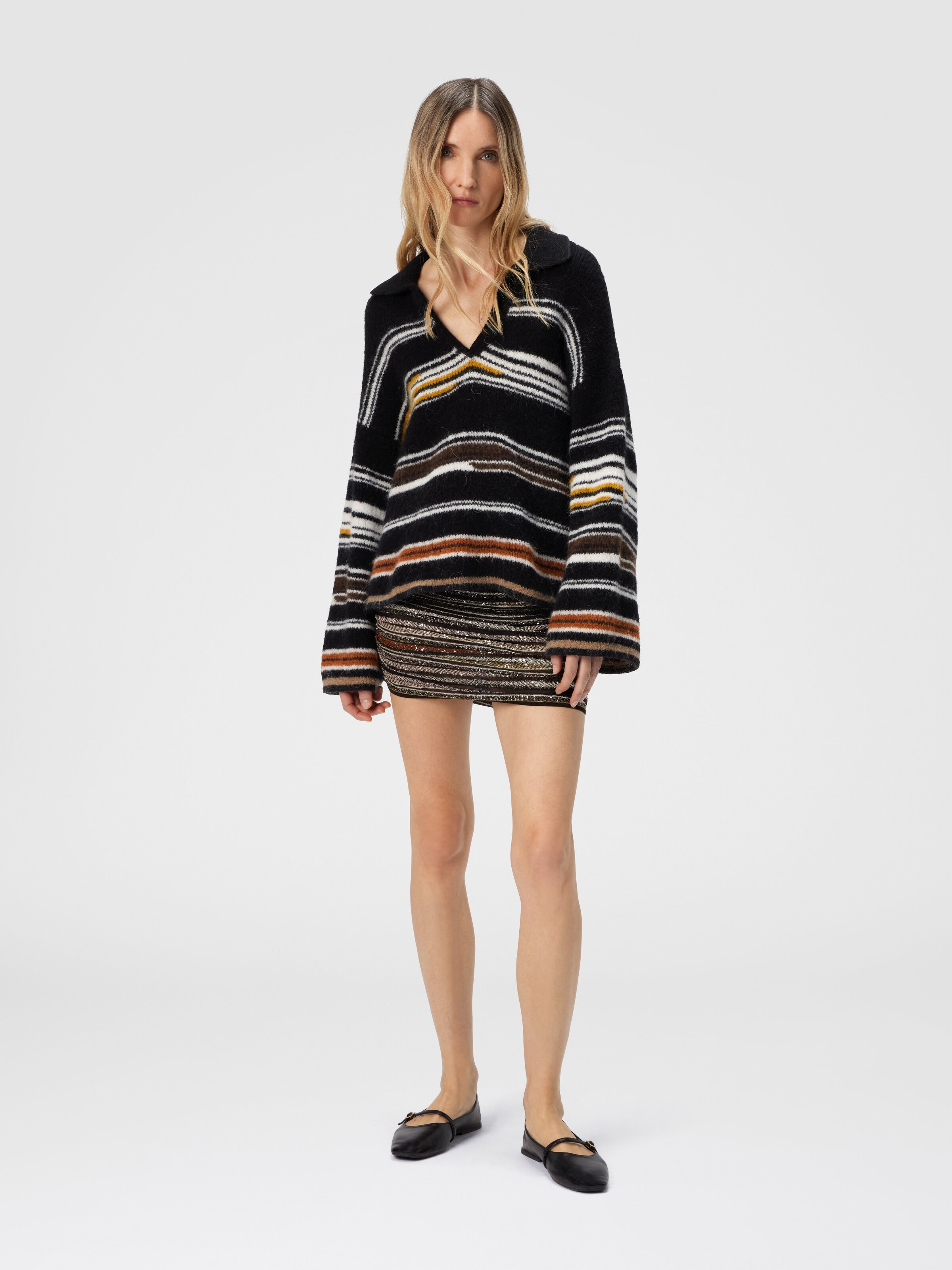 Oversized Long Sleeve Polo with Striped Inlay, Multicoloured  - 1