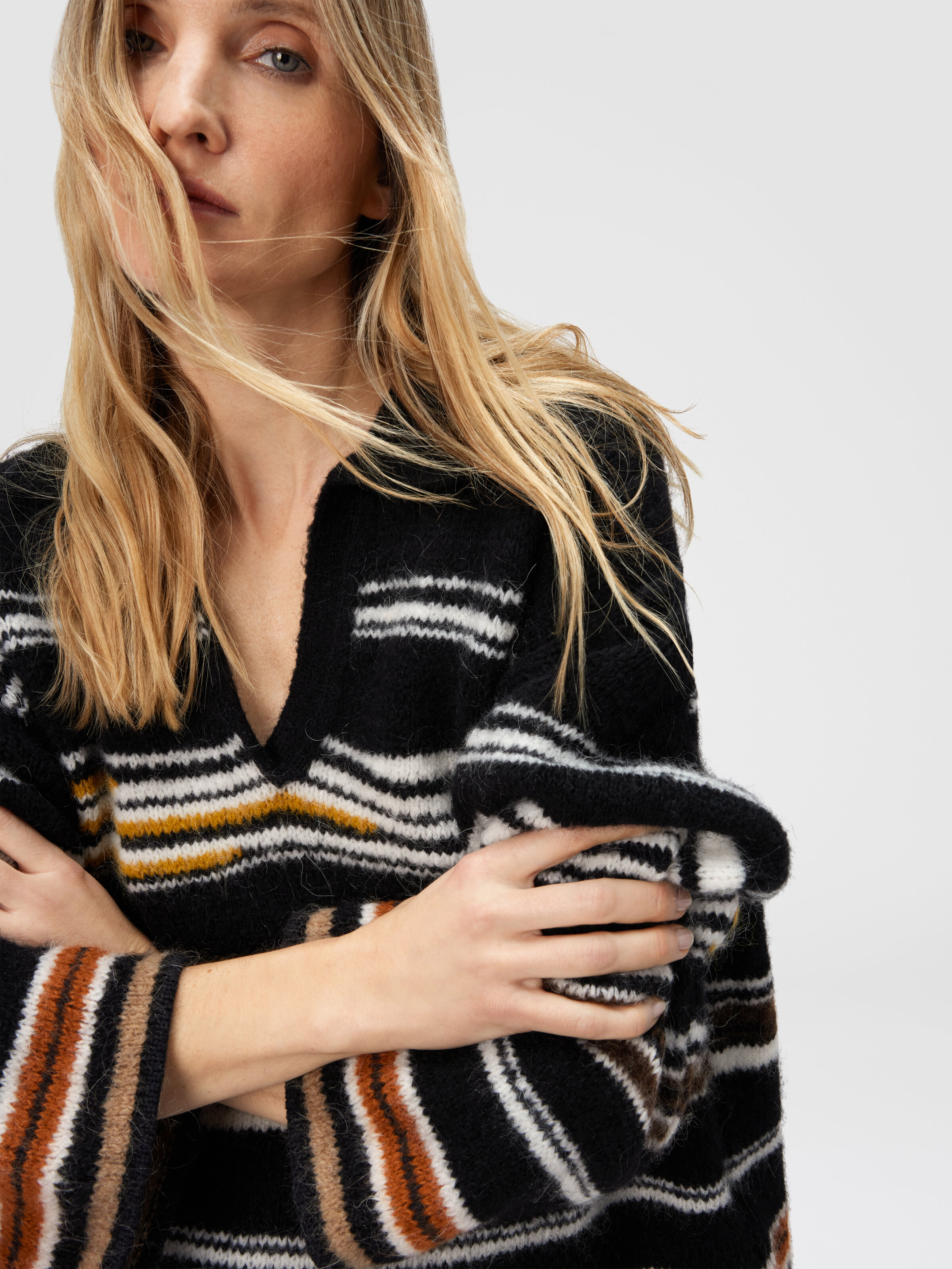 Oversized Long Sleeve Polo with Striped Inlay, Multicoloured  - 4