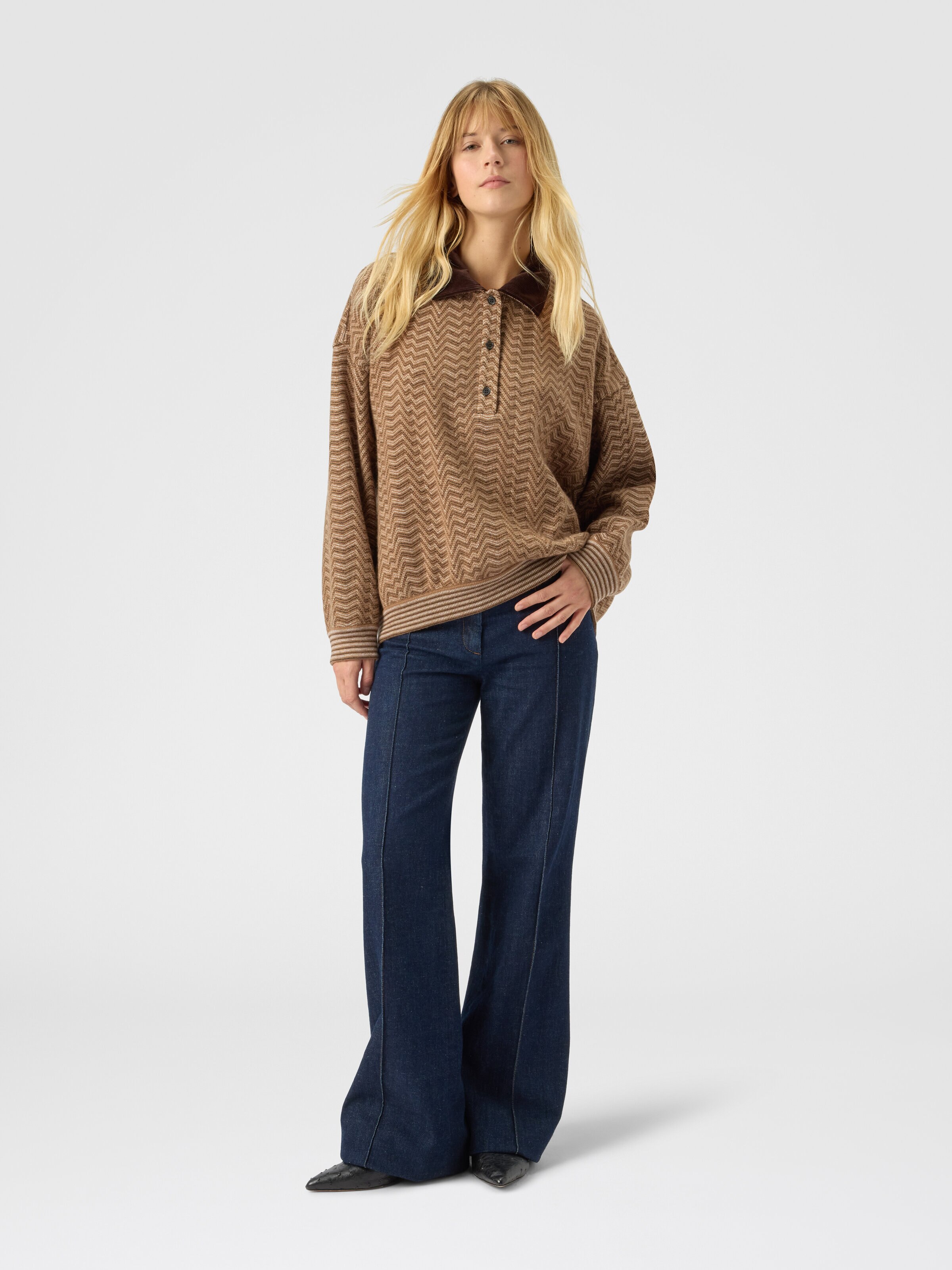 Chevron polo sweater, Beige - 1