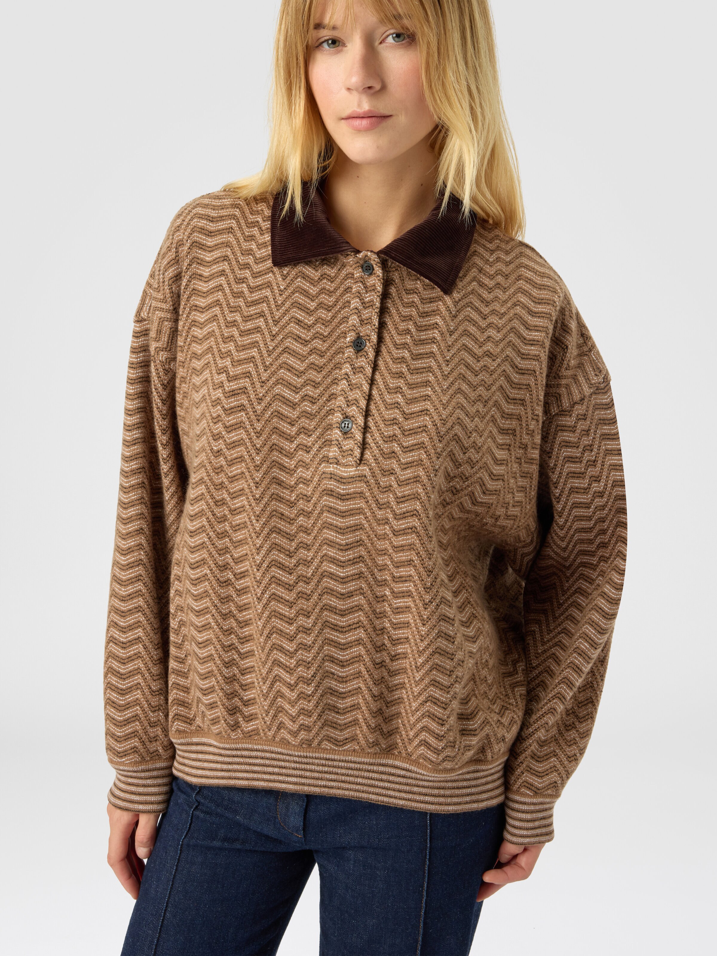 Chevron polo sweater, Beige - 3