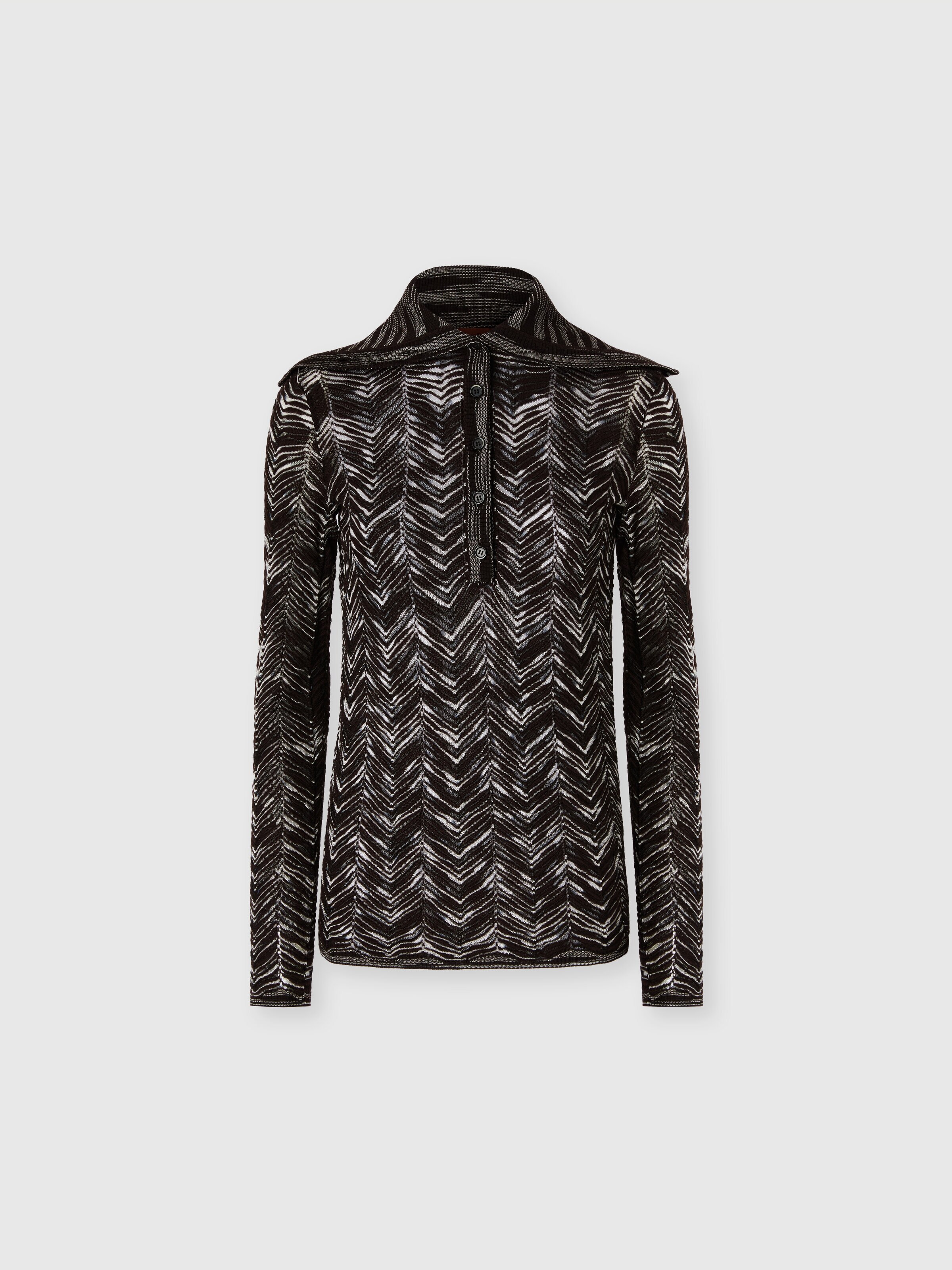 Pull col montant boutonné à motif chevron, Brun - 0