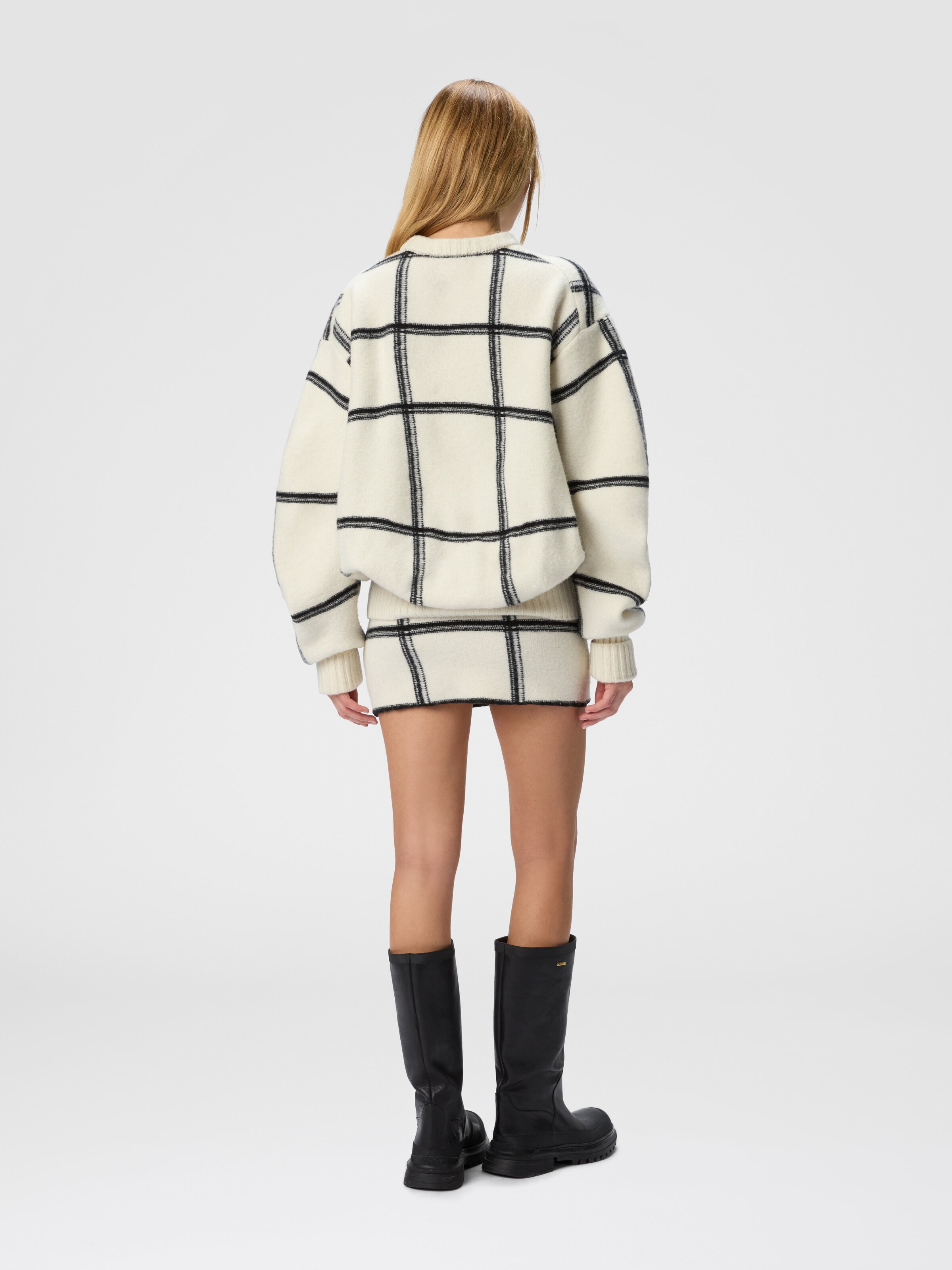 Pull oversize col rond à carreaux en laine, Blanc  - 2