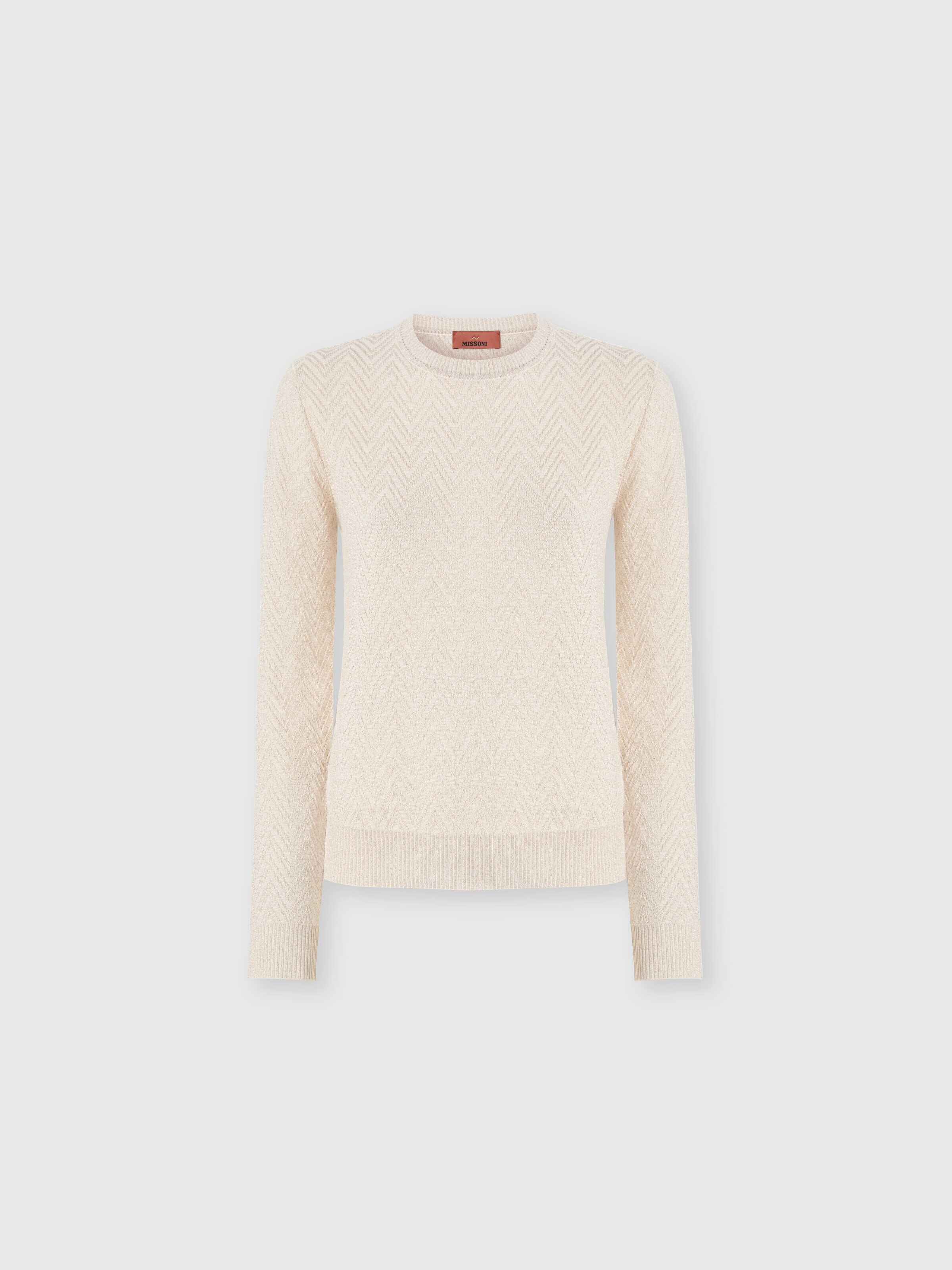 Crew neck sweater with chevron pattern and lamé filaments, Beige - 0