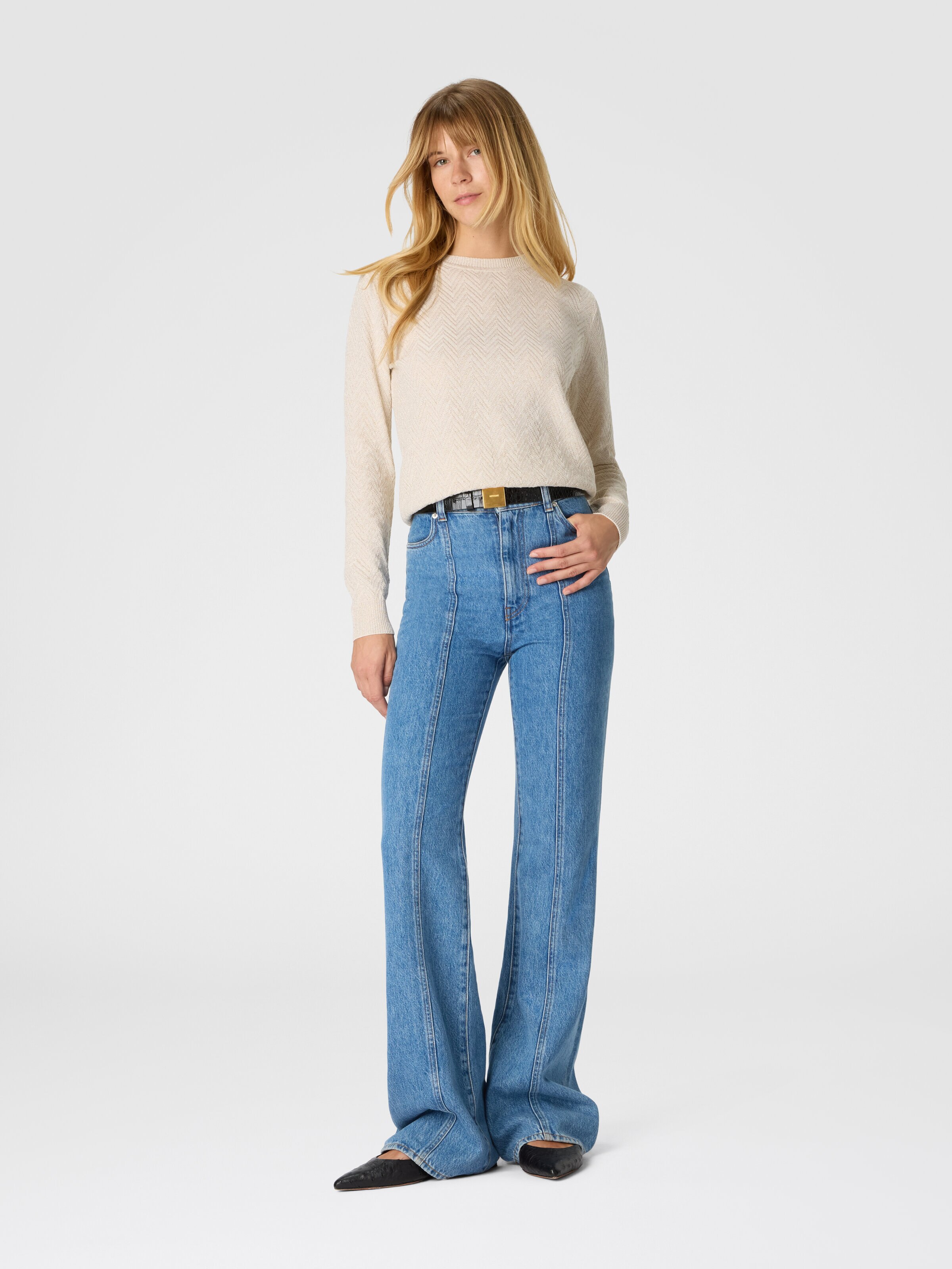 Crew neck sweater with chevron pattern and lamé filaments, Beige - 1