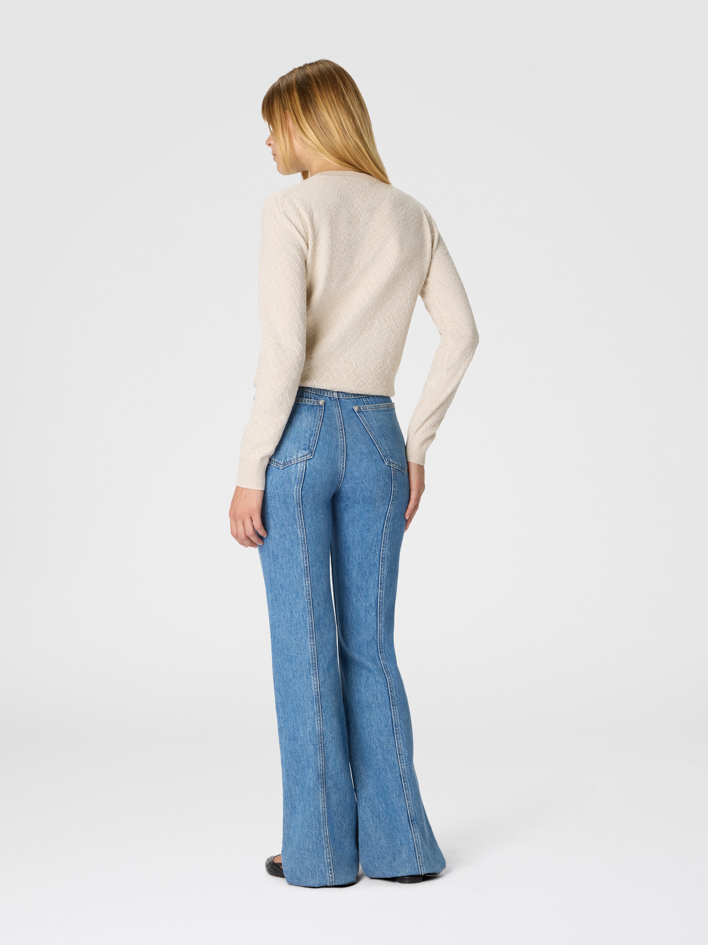 Crew neck sweater with chevron pattern and lamé filaments, Beige - 2