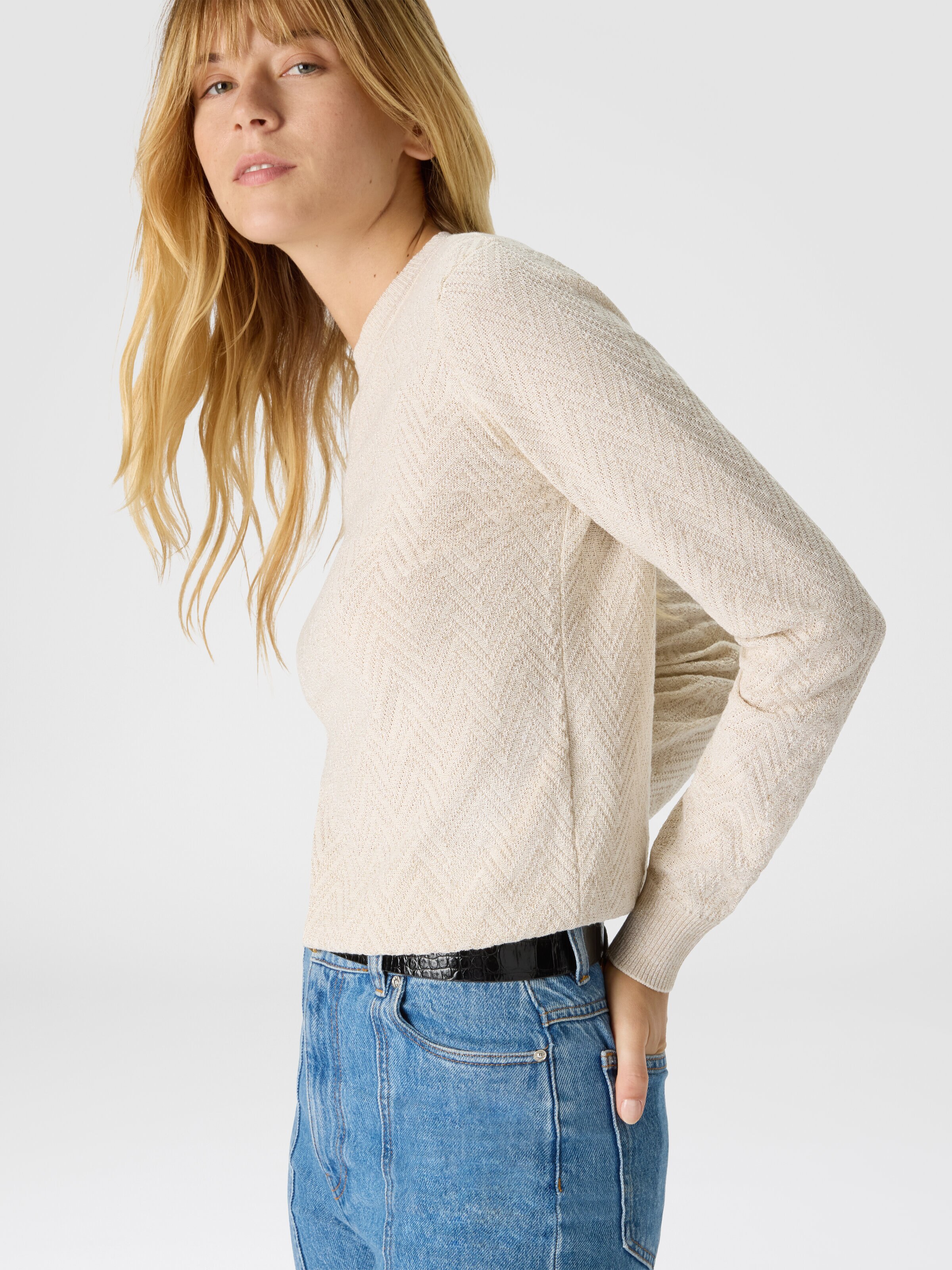 Crew neck sweater with chevron pattern and lamé filaments, Beige - 3