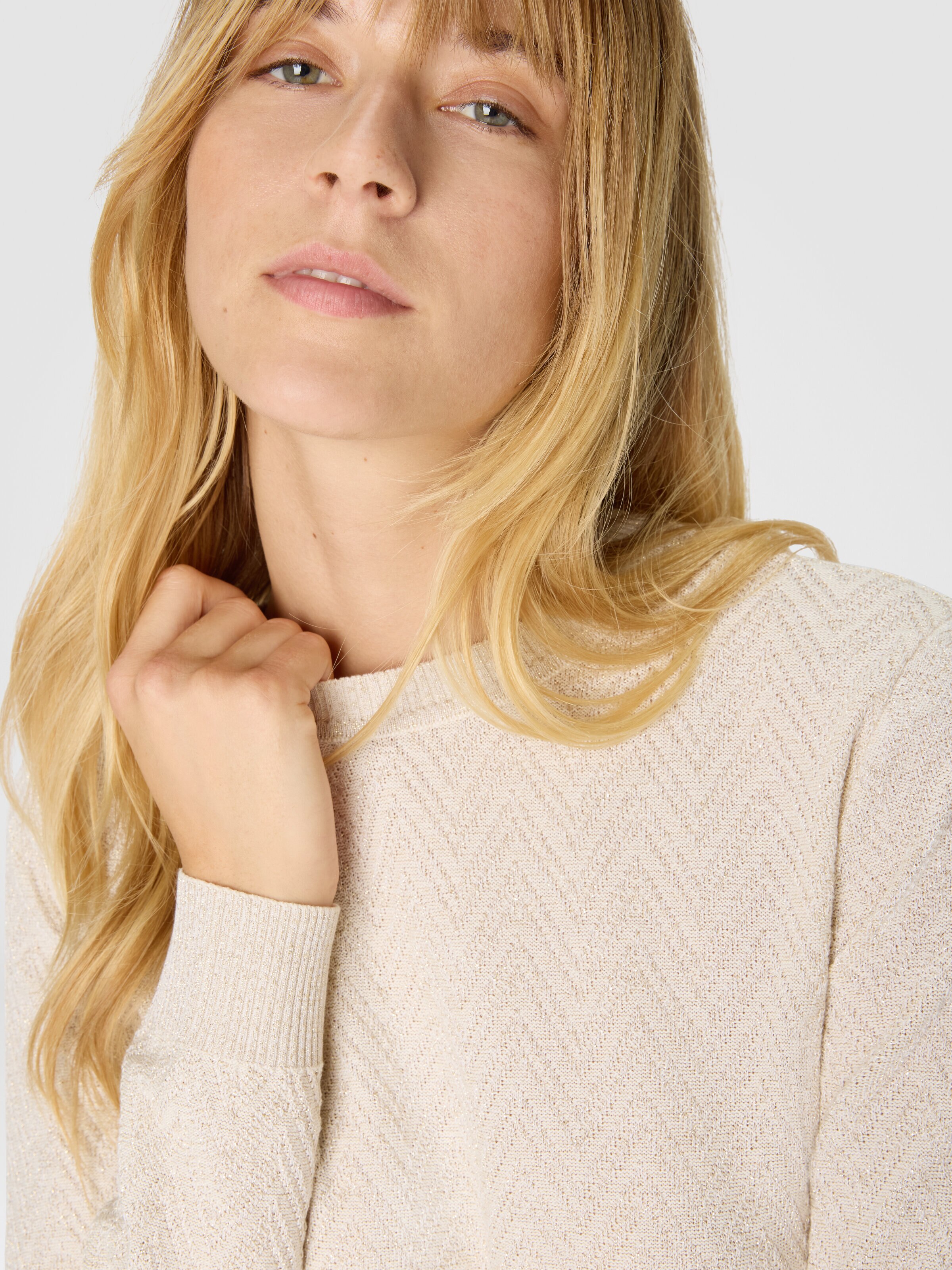 Crew neck sweater with chevron pattern and lamé filaments, Beige - 4