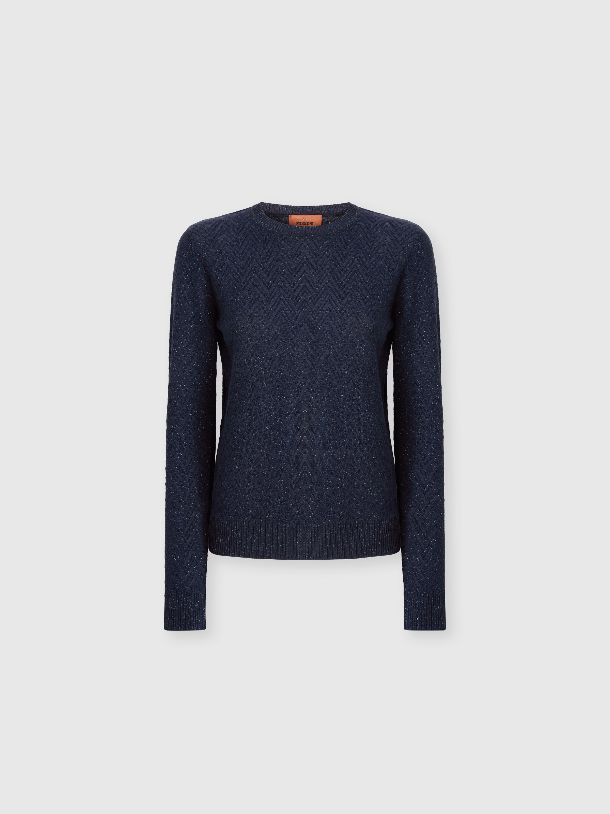 Crew neck sweater with chevron pattern and lamé filaments, Blue - 0