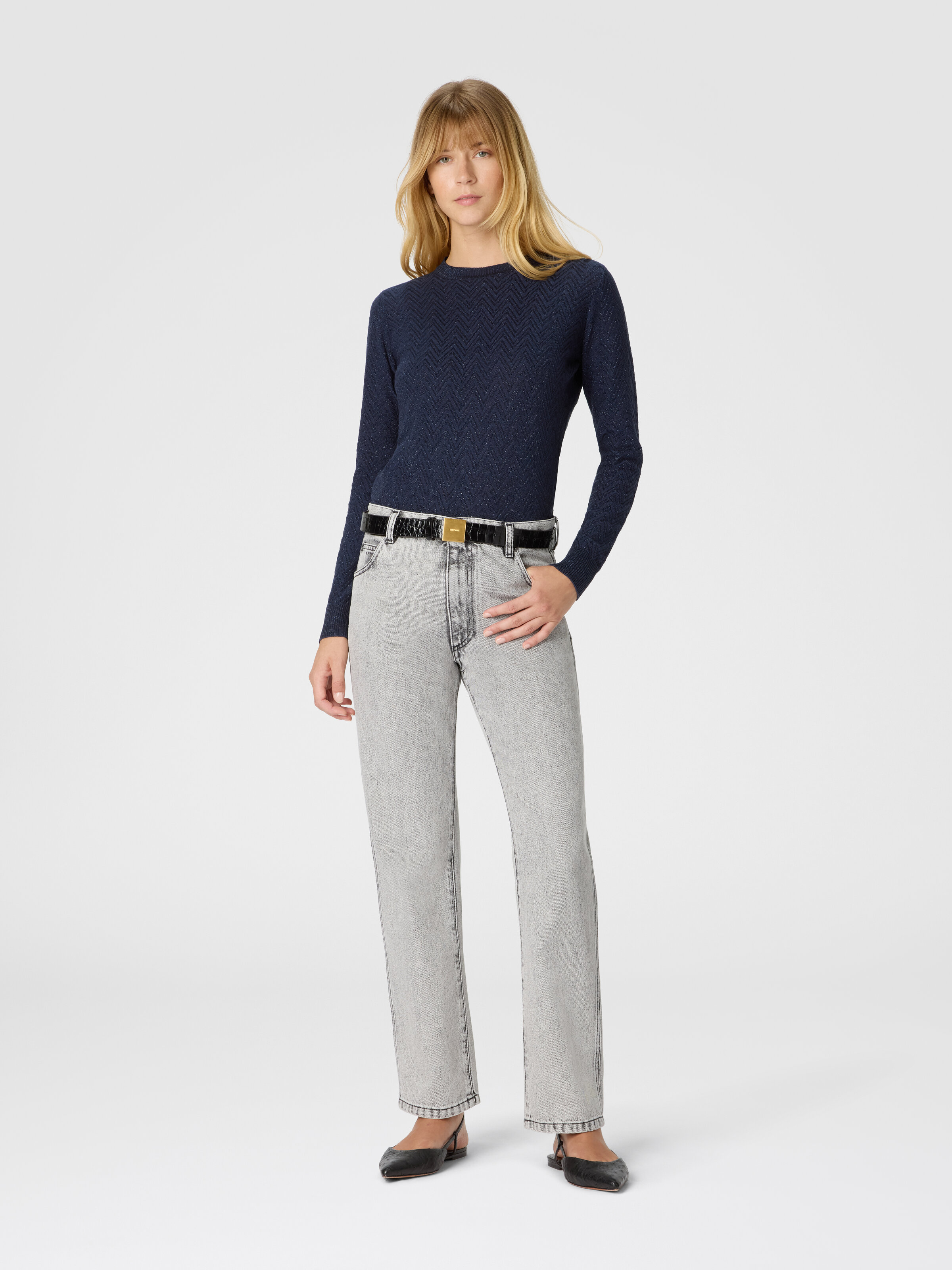 Crew neck sweater with chevron pattern and lamé filaments, Blue - 1