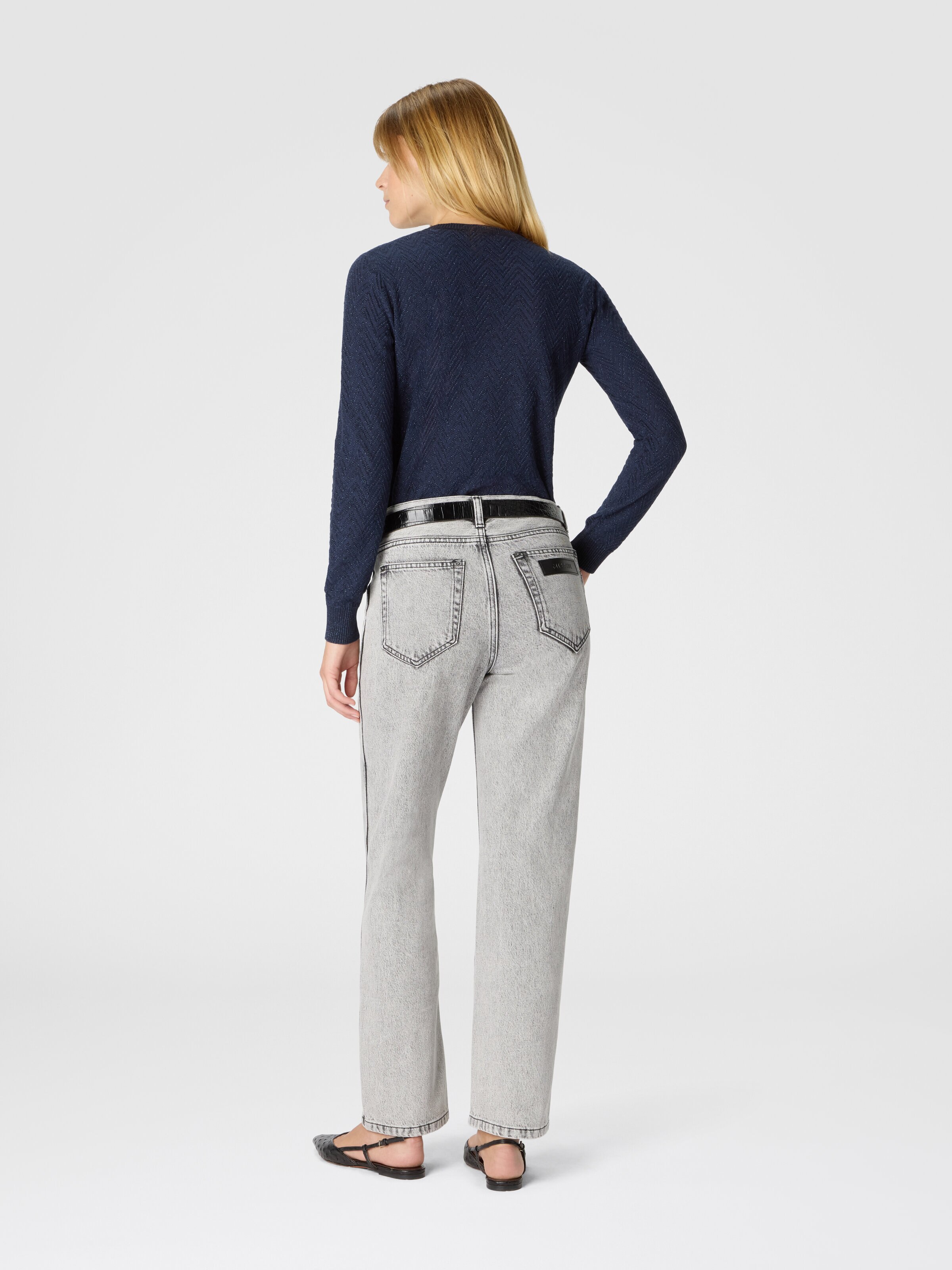 Crew neck sweater with chevron pattern and lamé filaments, Blue - 2