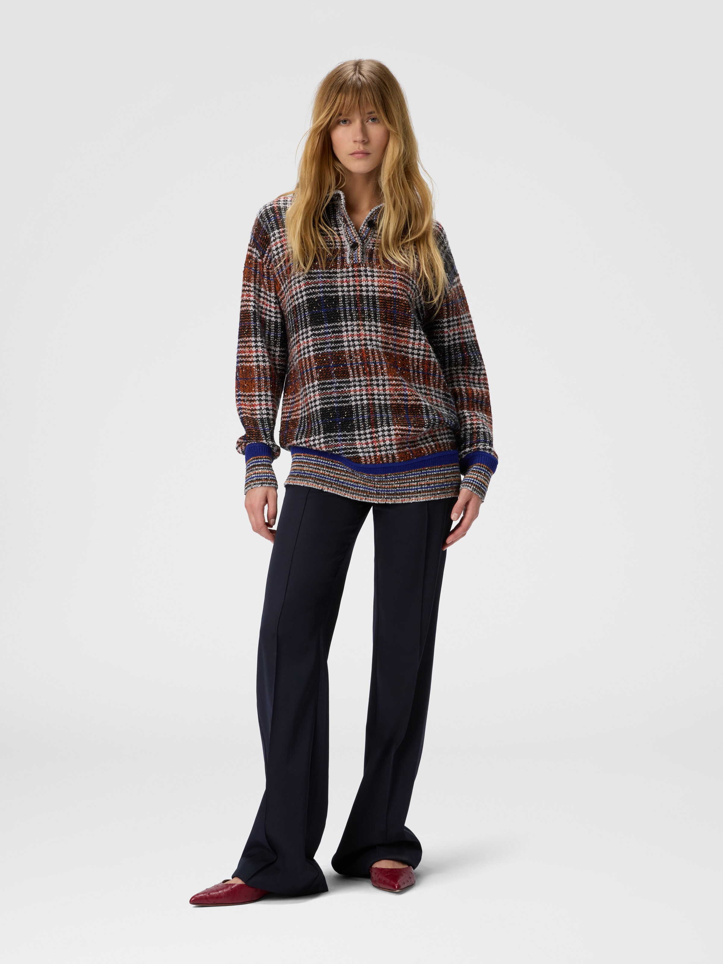 High-neck sweater with check pattern, Multicoloured  - 1