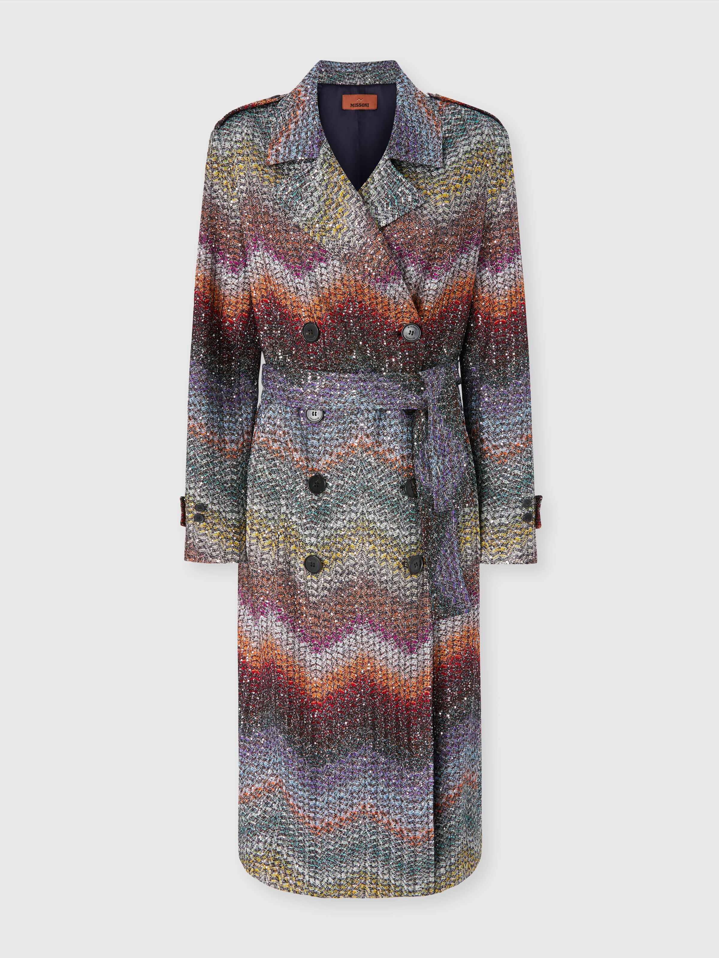 Long double-breasted slim-fit trench coat in a Greek-style zigzag knit with sequins, Multicoloured  - 0