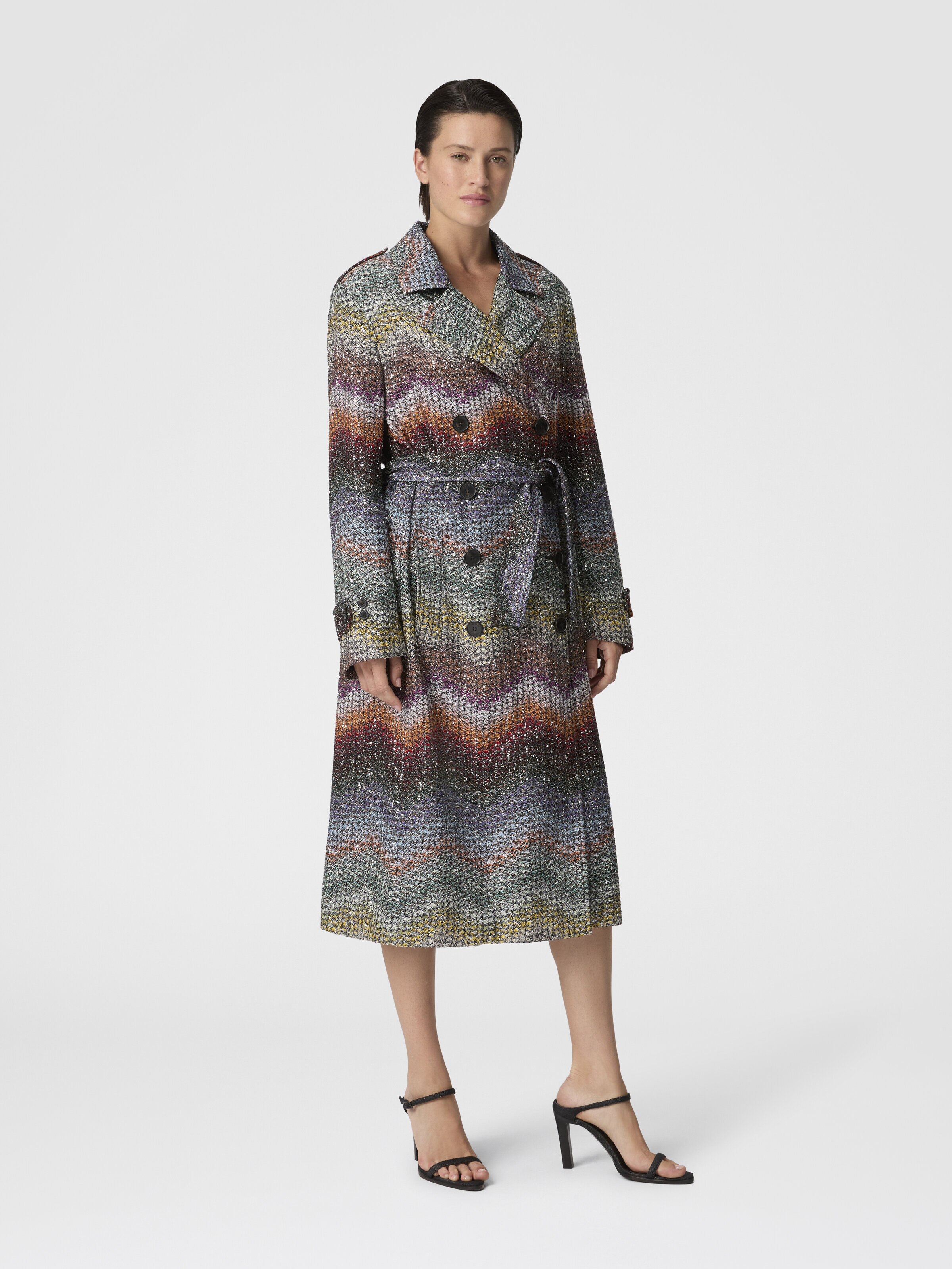 Long double-breasted slim-fit trench coat in a Greek-style zigzag knit with sequins, Multicoloured  - 1
