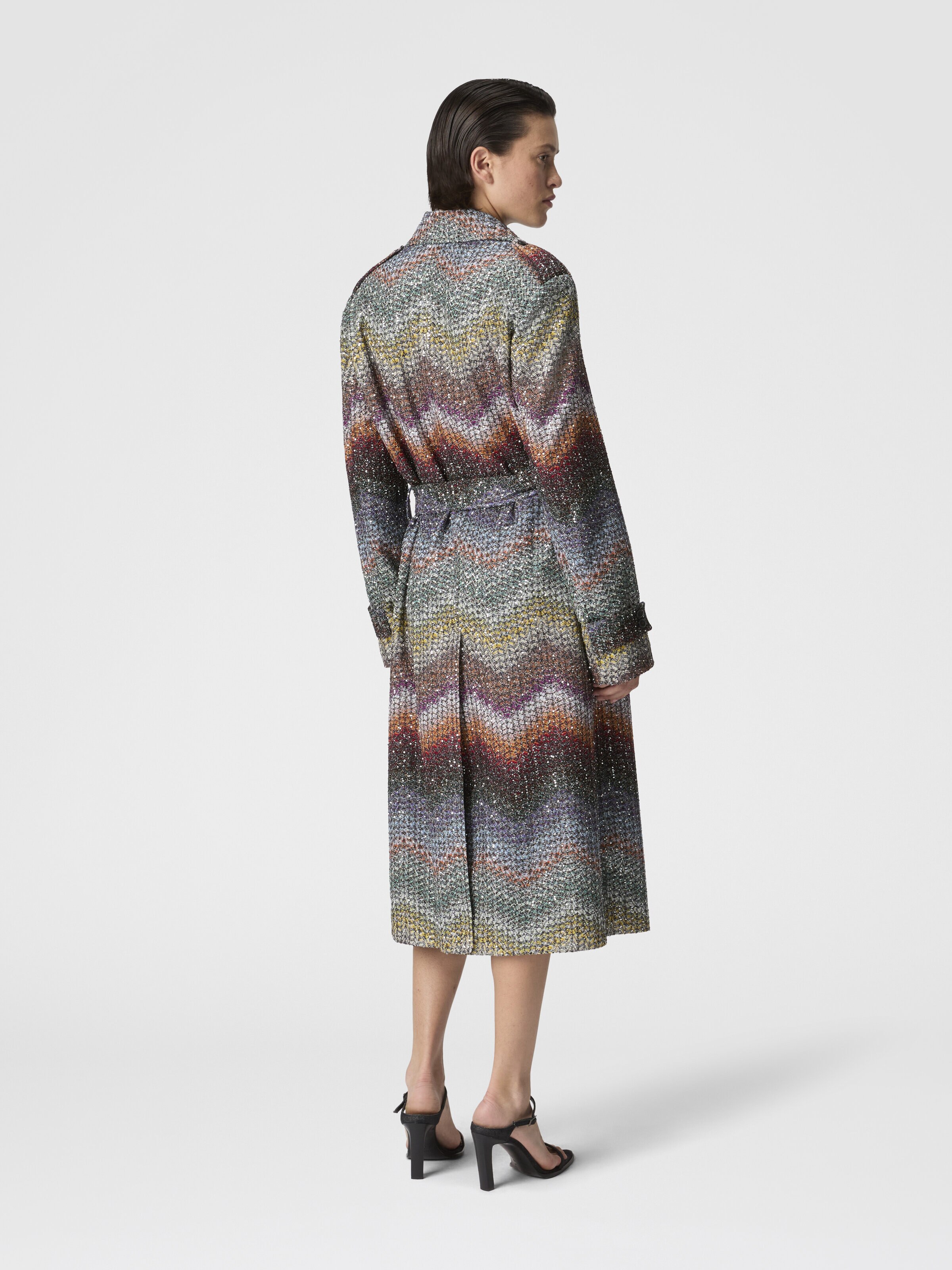 Long double-breasted slim-fit trench coat in a Greek-style zigzag knit with sequins, Multicoloured  - 2