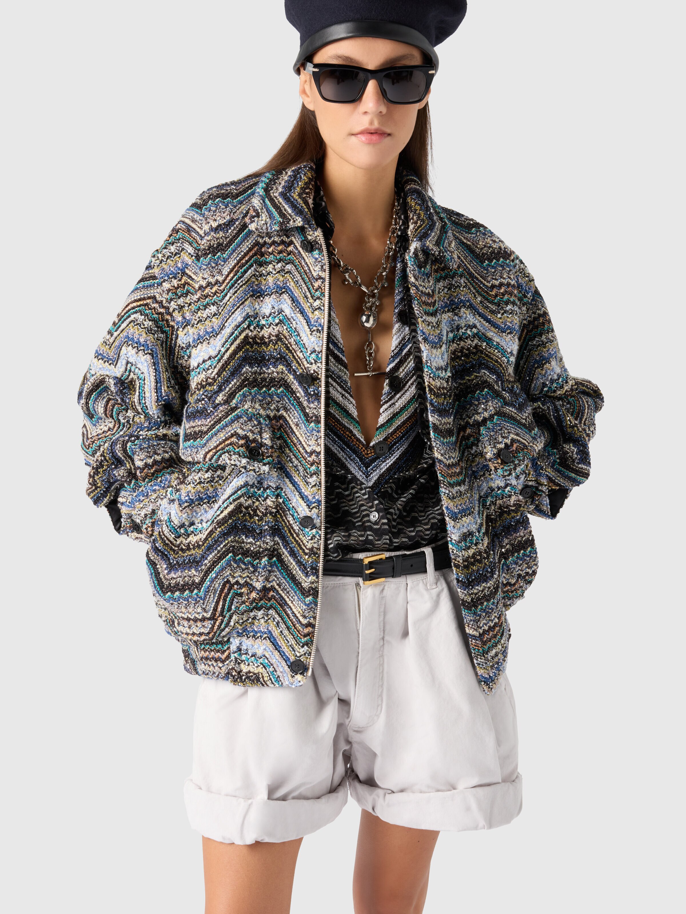 Chaqueta bomber de punto en zigzag griego con lentejuelas, Multicolor  - 3