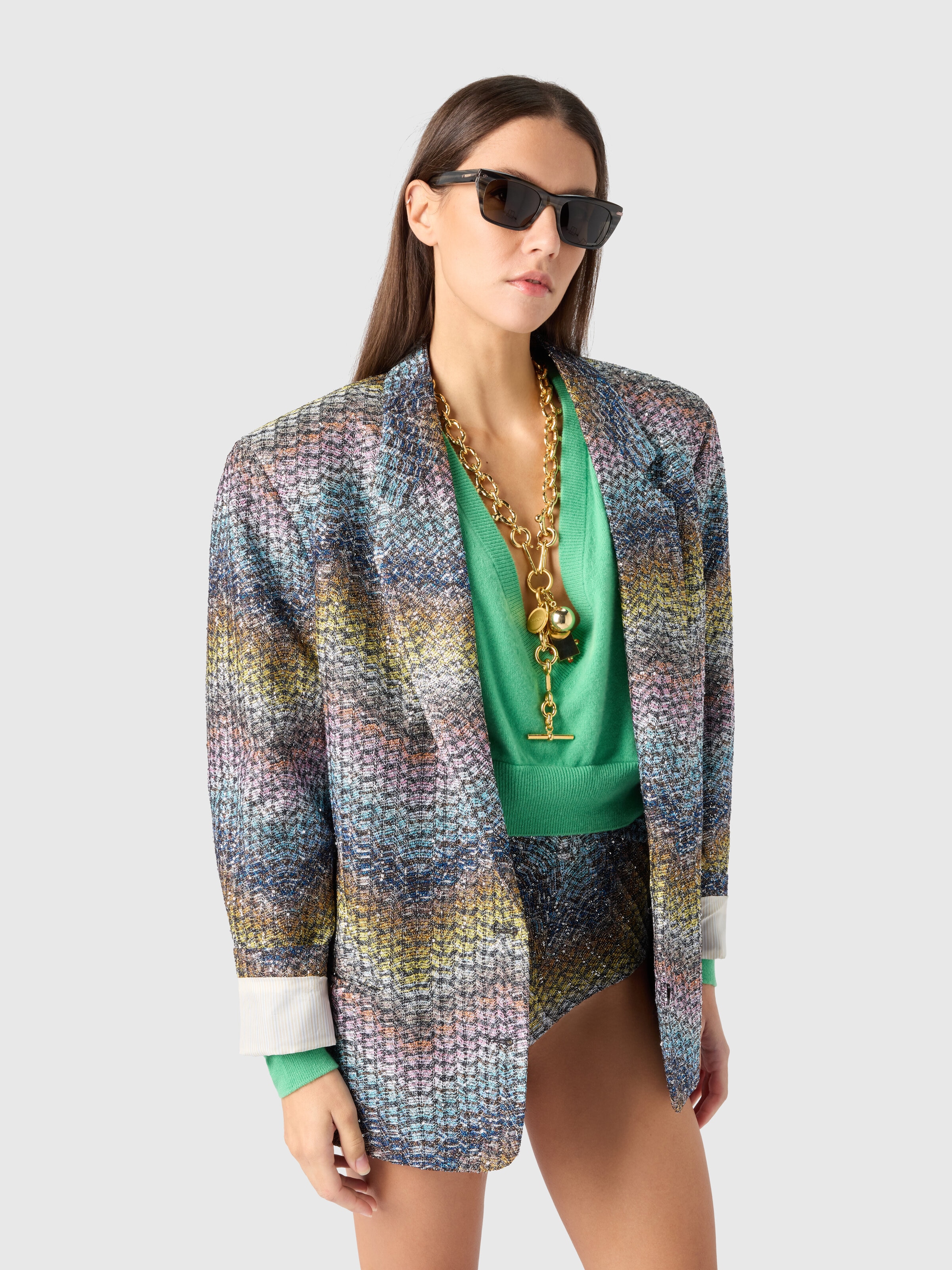 Oversized single-breasted blazer in a Greek-style zigzag knit with sequins, Multicoloured  - 3