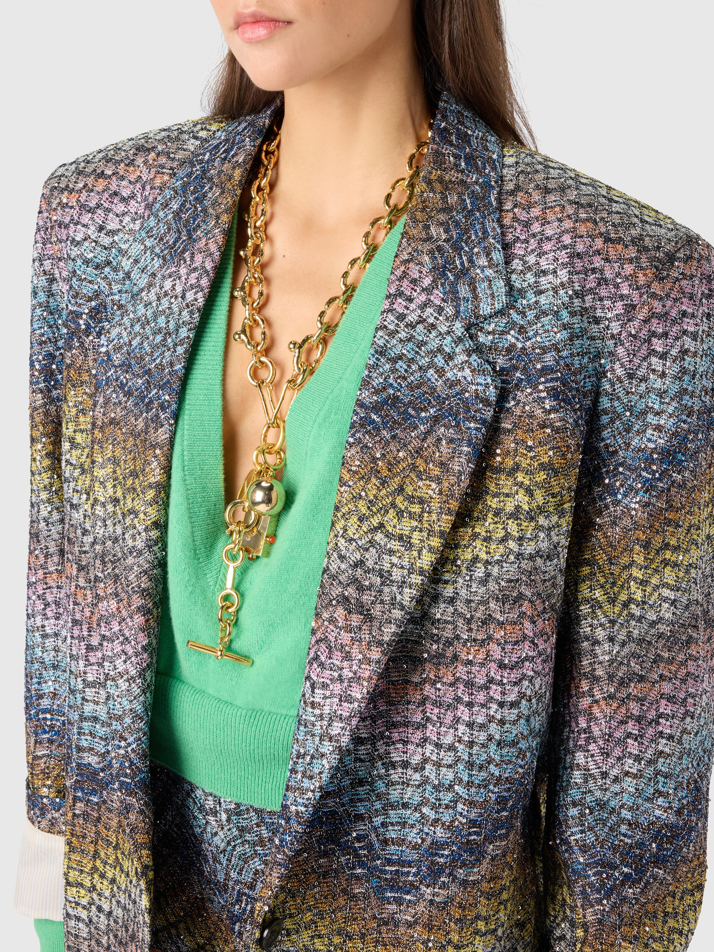 Oversized single-breasted blazer in a Greek-style zigzag knit with sequins, Multicoloured  - 4