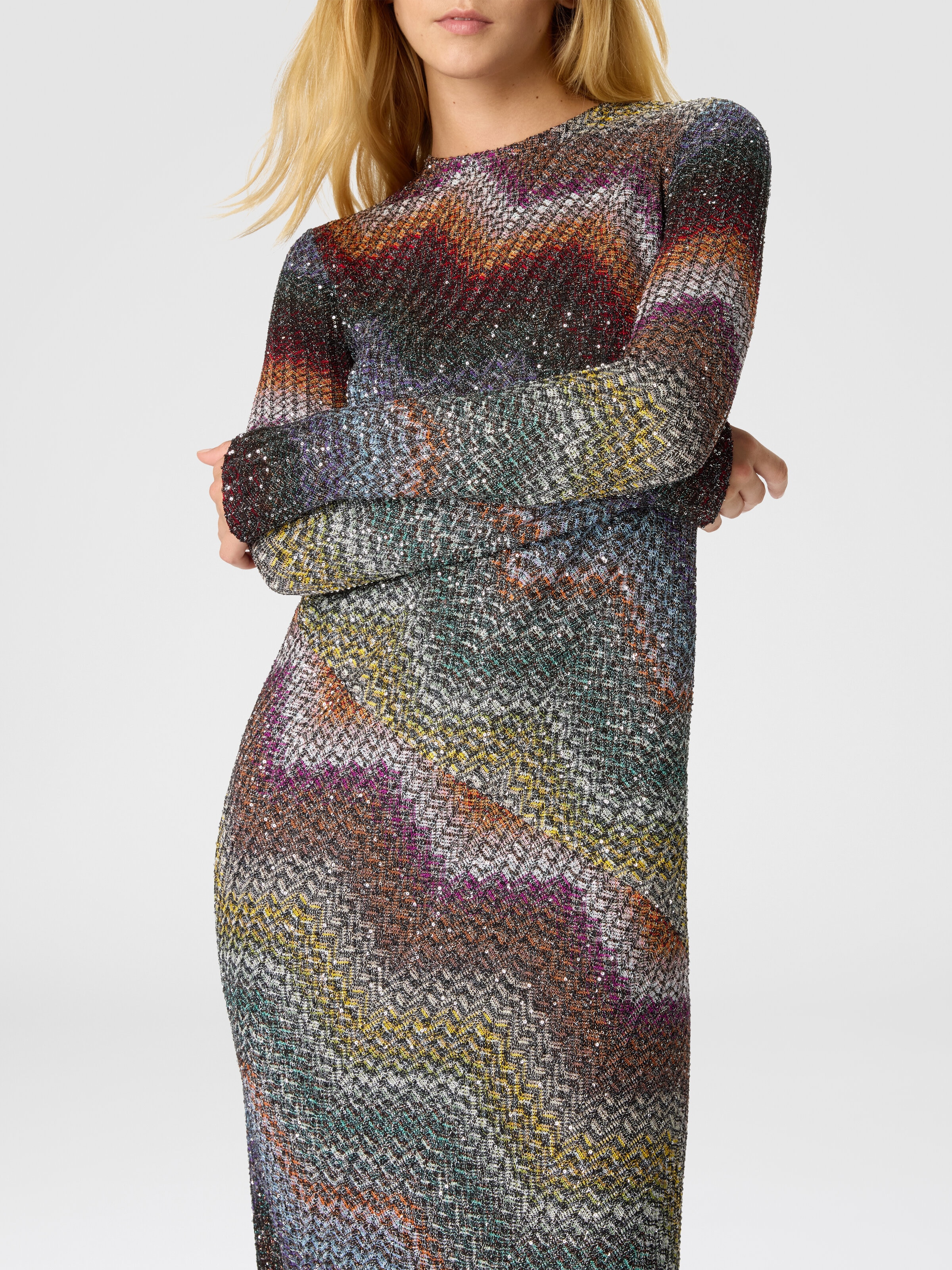 Long-sleeved dress in a Greek-style zigzag knit with sequins, Multicoloured  - 4