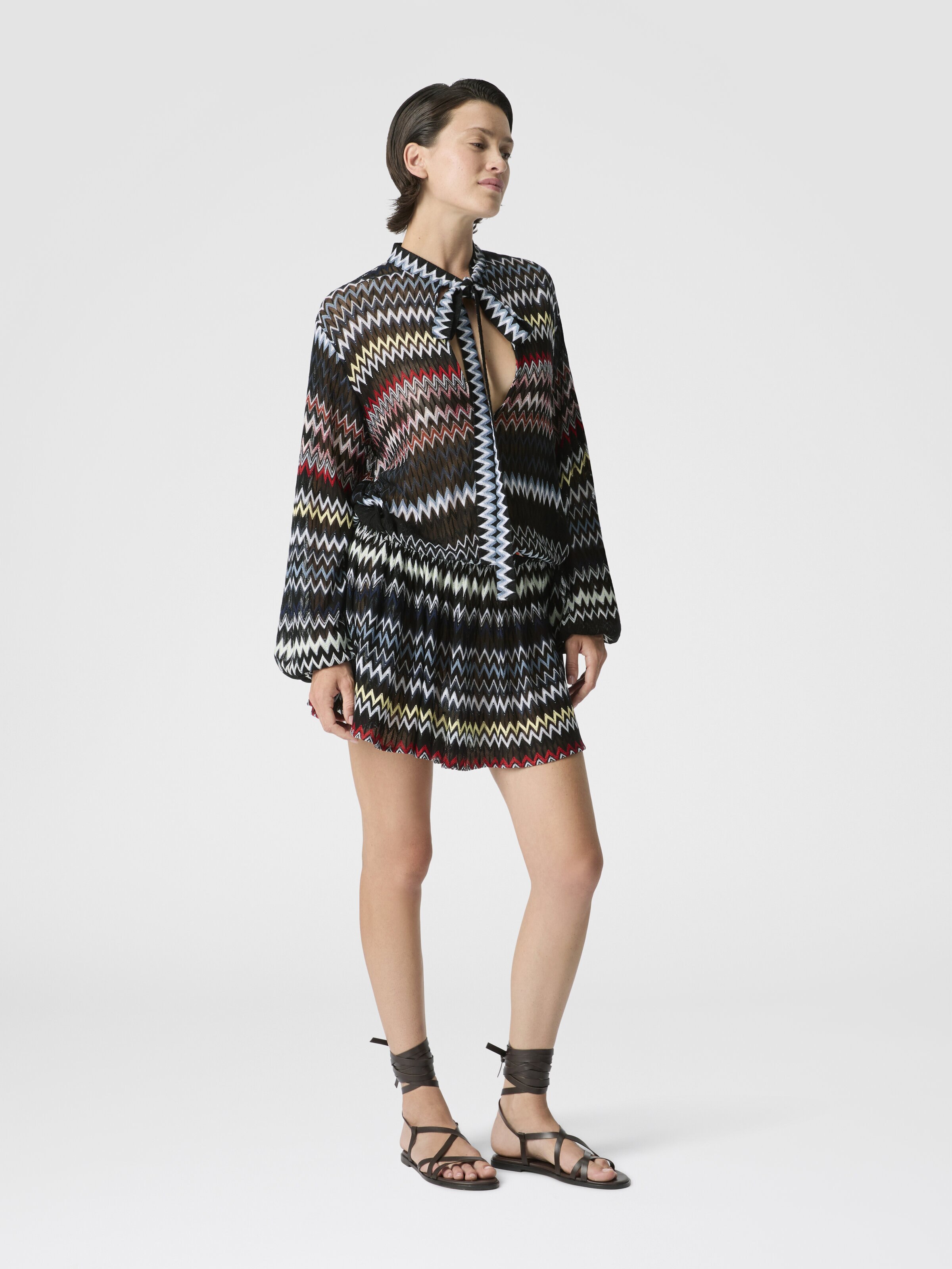 Zigzag Viscose and Cotton Mini Dress with Bow, Black & Multicoloured - 1