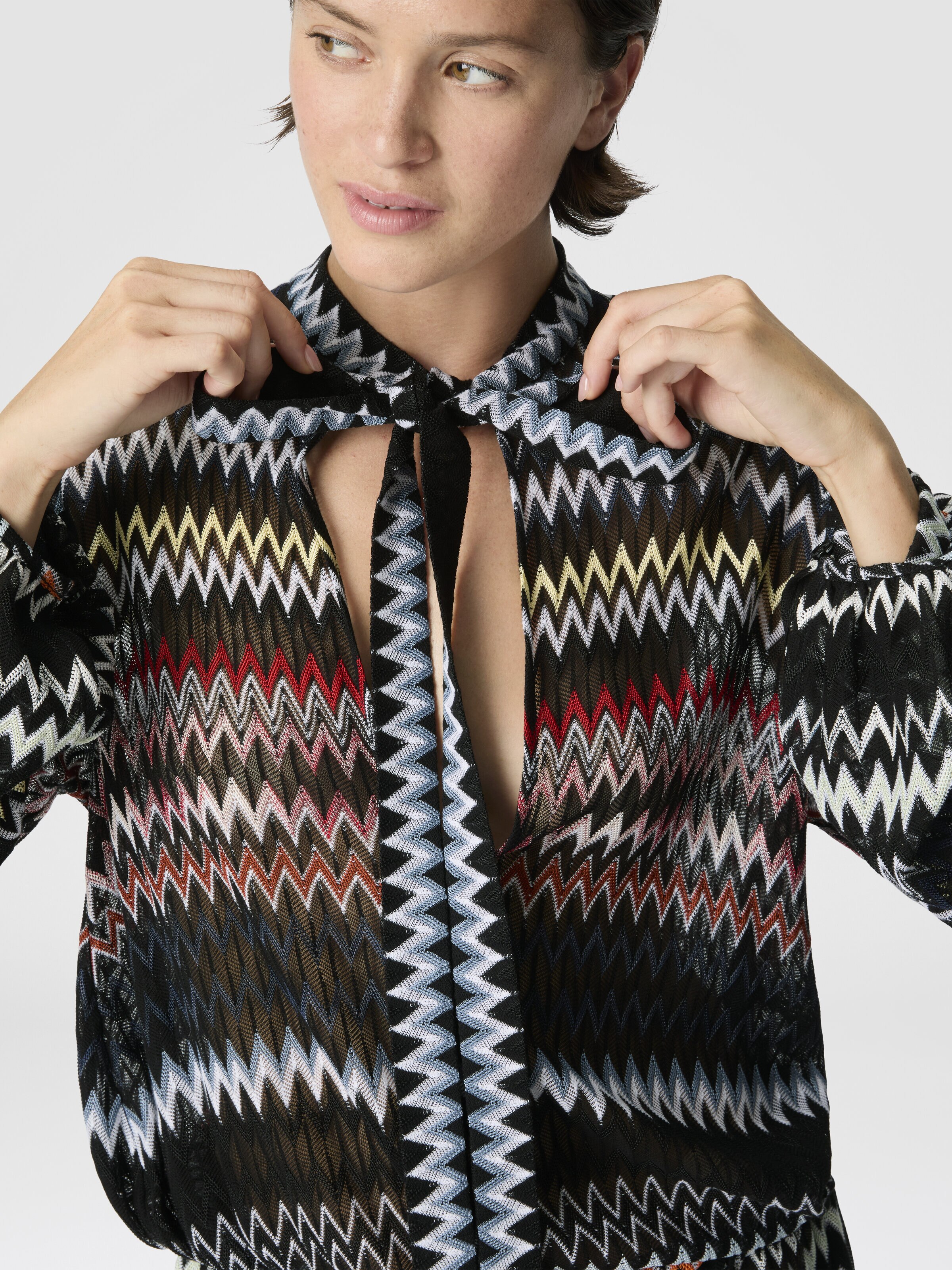 Zigzag Viscose and Cotton Mini Dress with Bow, Black & Multicoloured - 4