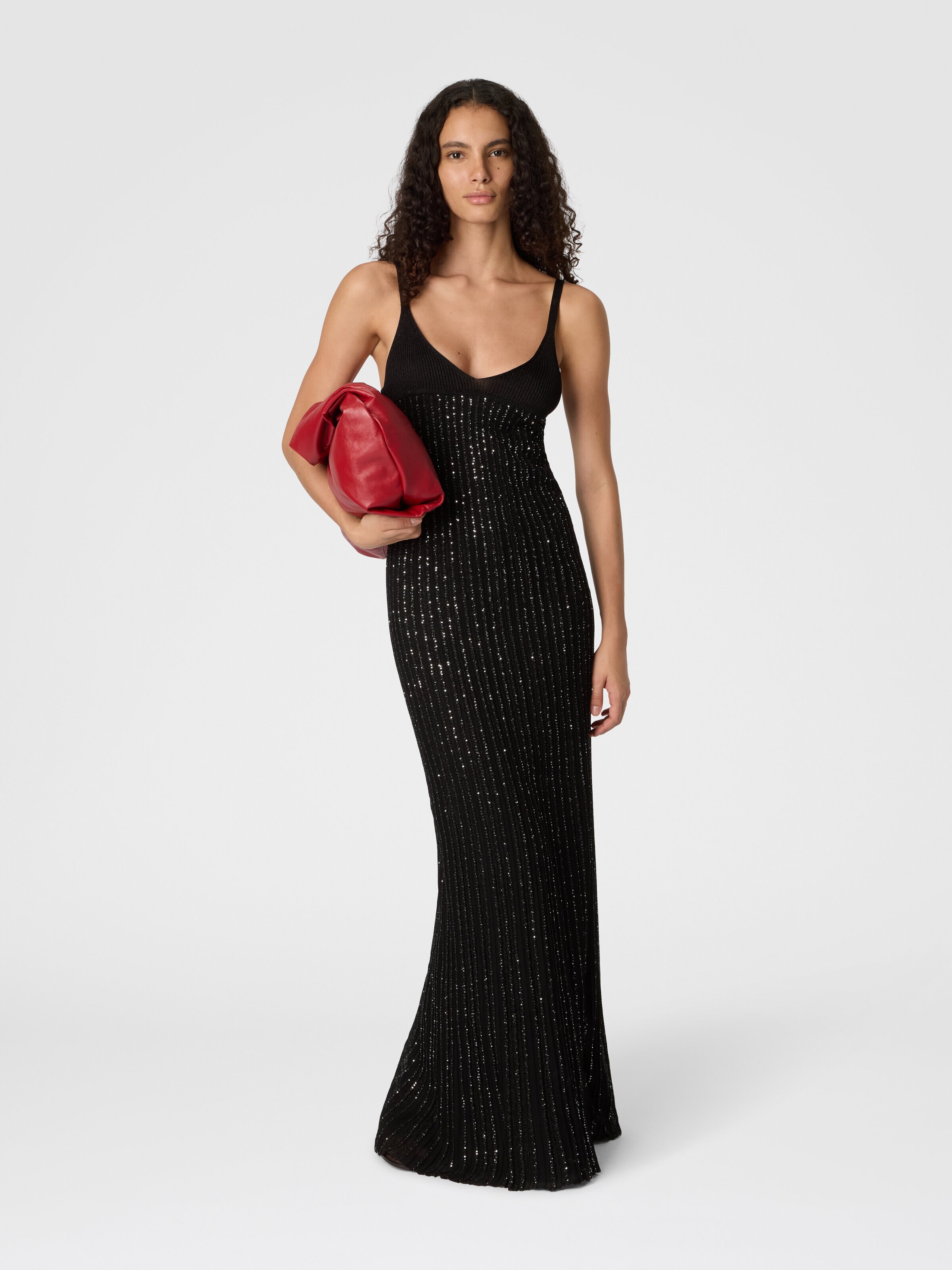 Vestido largo sin mangas de mezcla de viscosa lamé con lentejuelas, Negro - 1