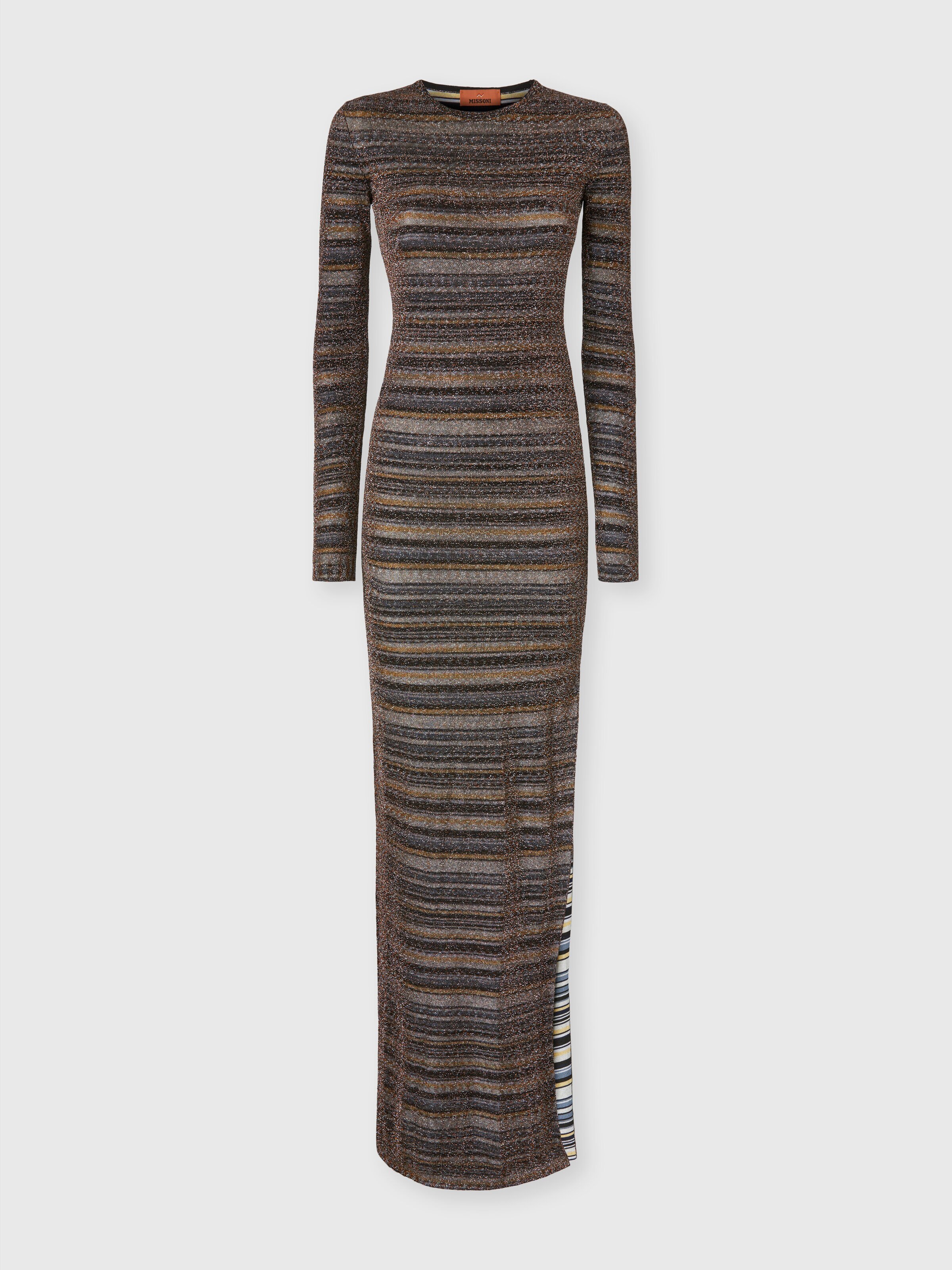 Striped Viscose Lamé Gown with Slit, Green& Brown - 0