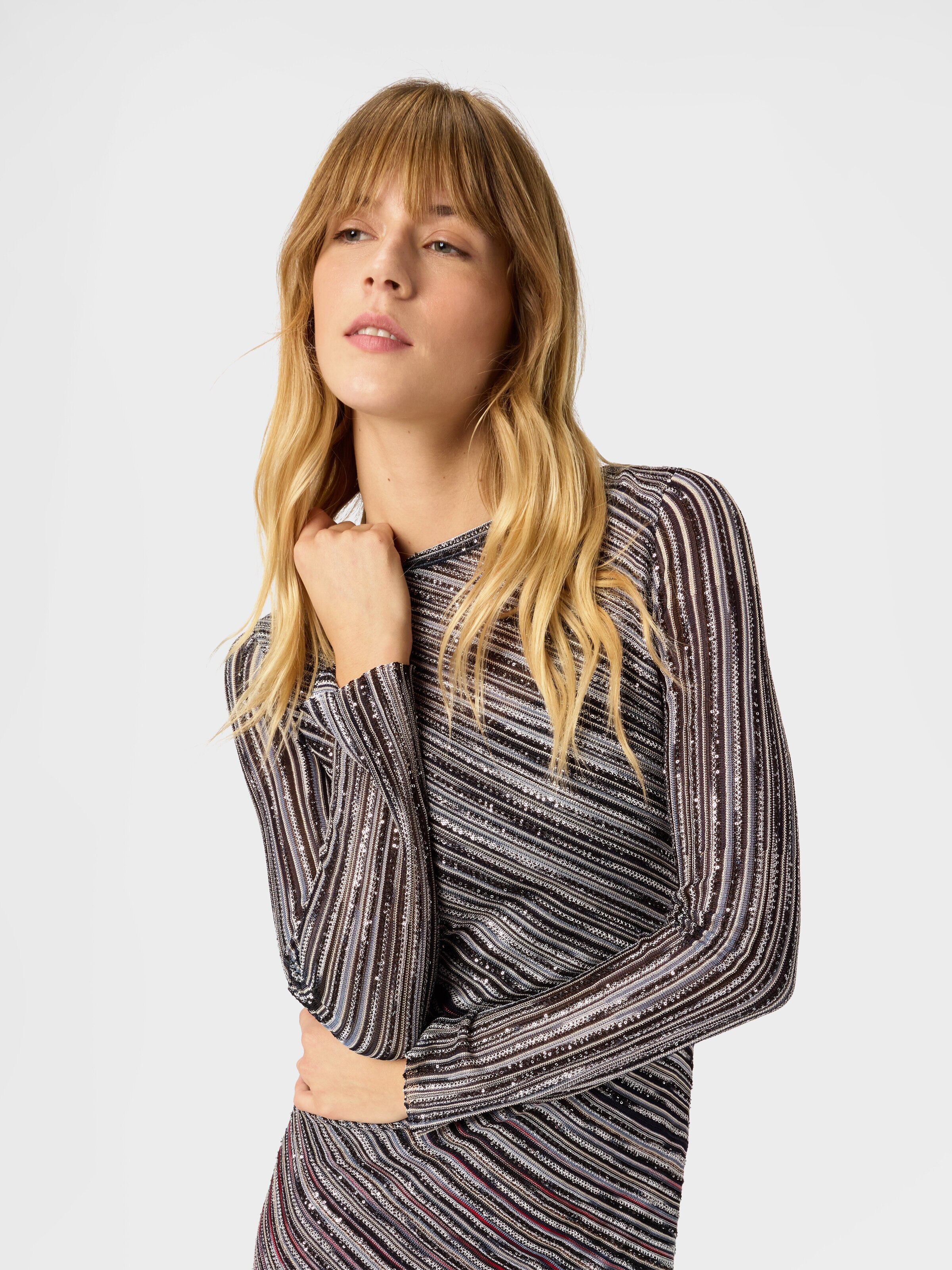 Langes Kleid mit langen Ärmeln mit Lurex, Grün & Braun - 3