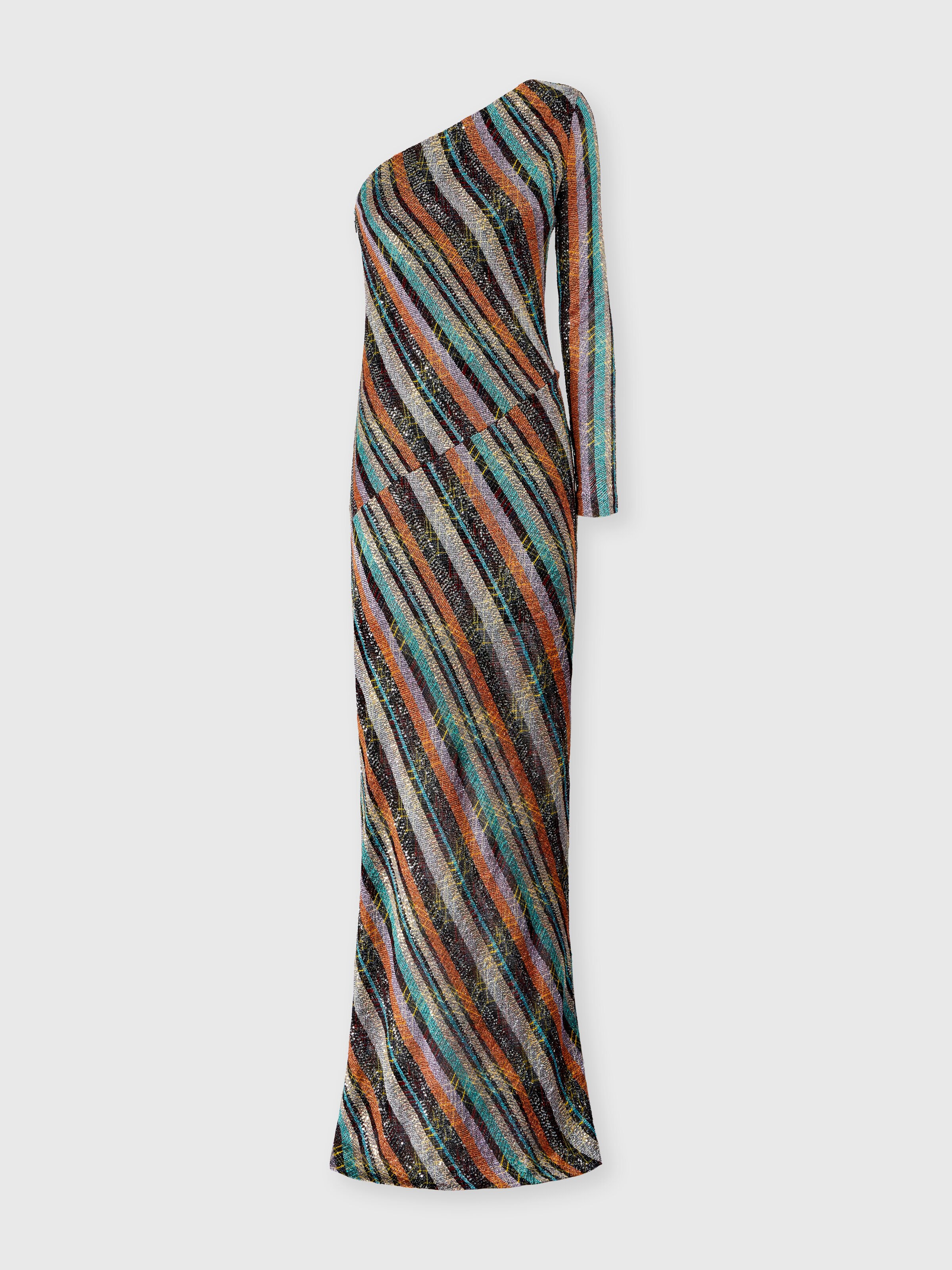 Long one-shoulder dress in an irregular zigzag knit with sequins, Multicoloured  - 0