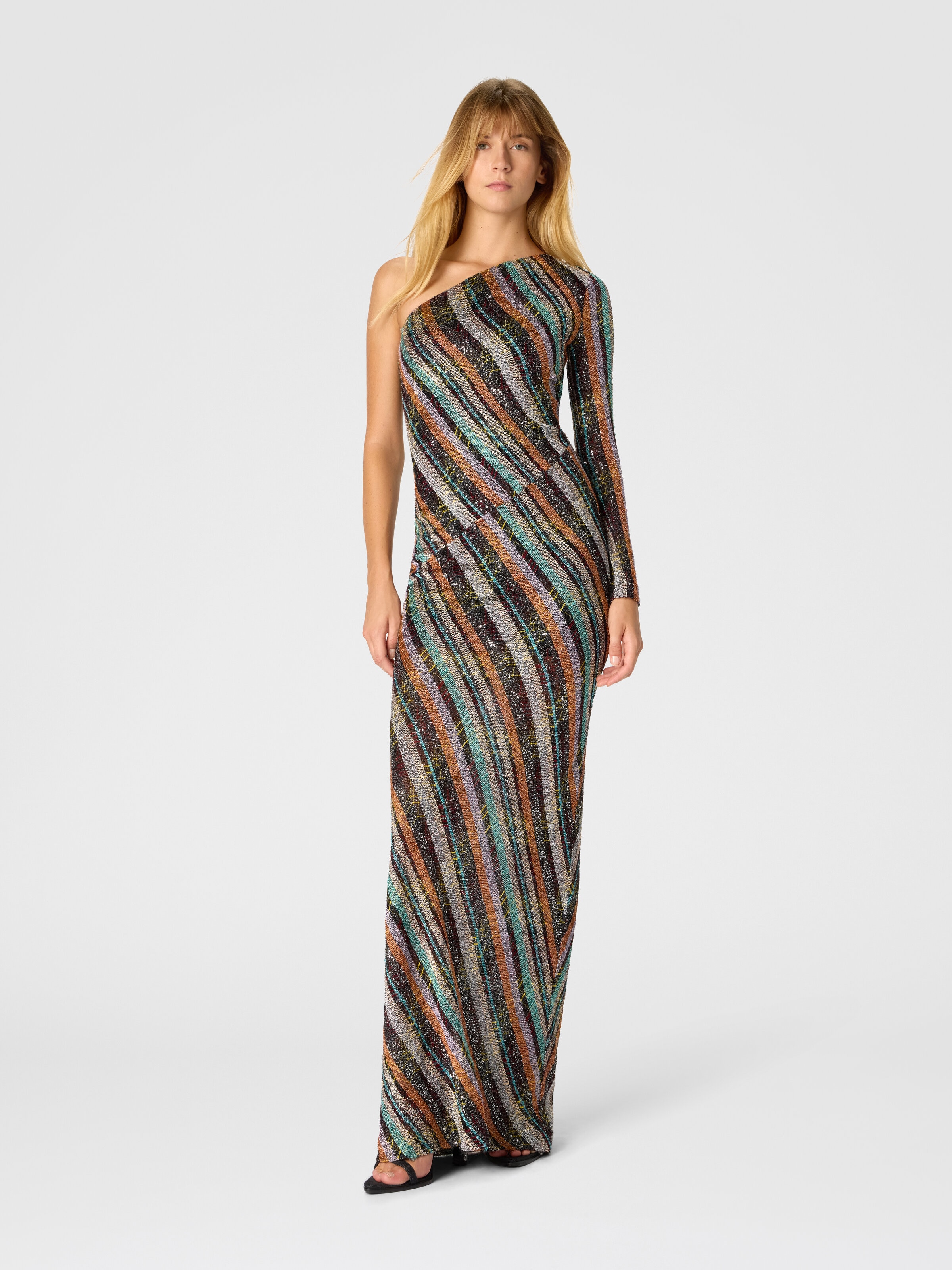 Long one-shoulder dress in an irregular zigzag knit with sequins, Multicoloured  - 1