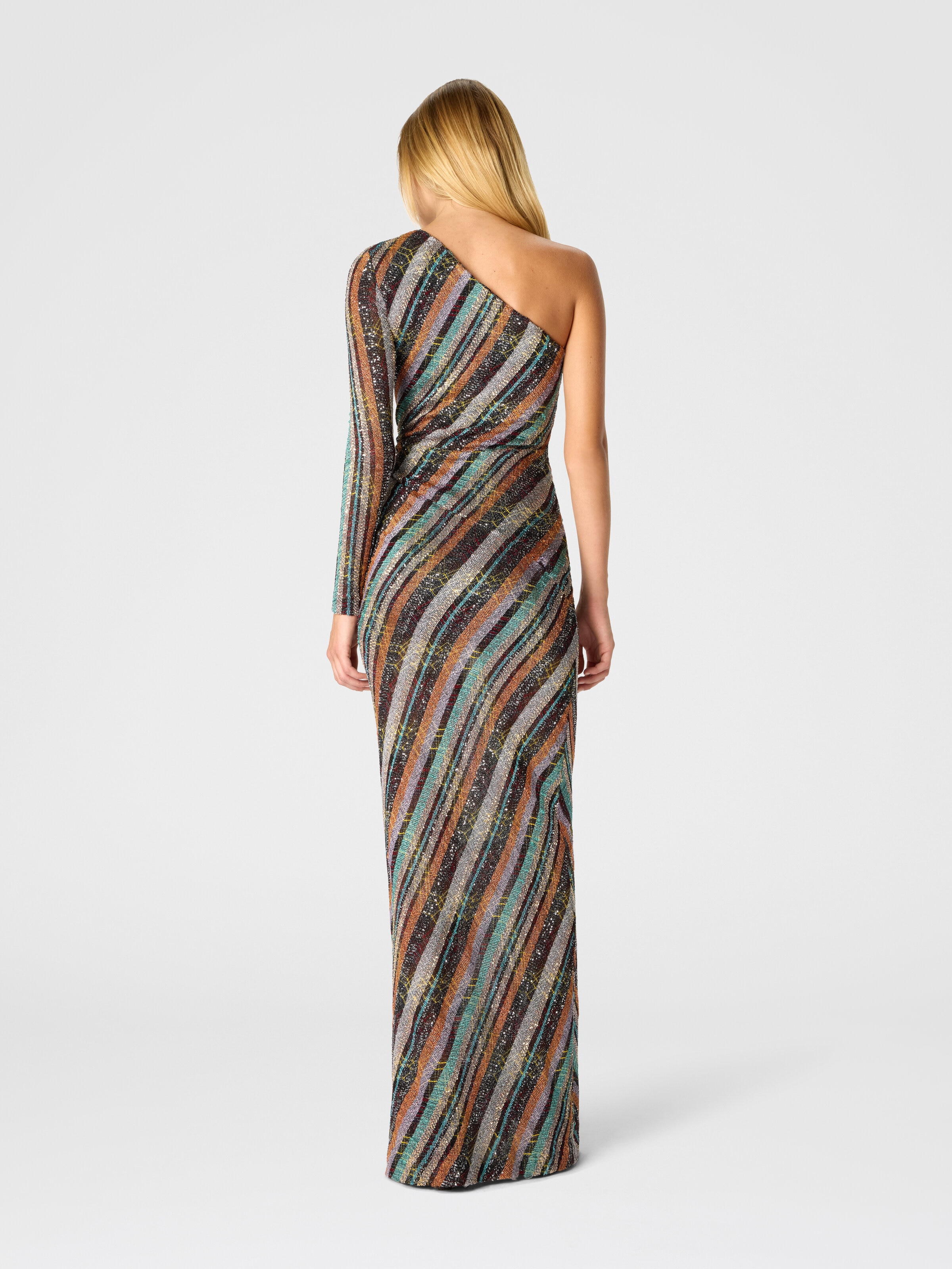 Long one-shoulder dress in an irregular zigzag knit with sequins, Multicoloured  - 2
