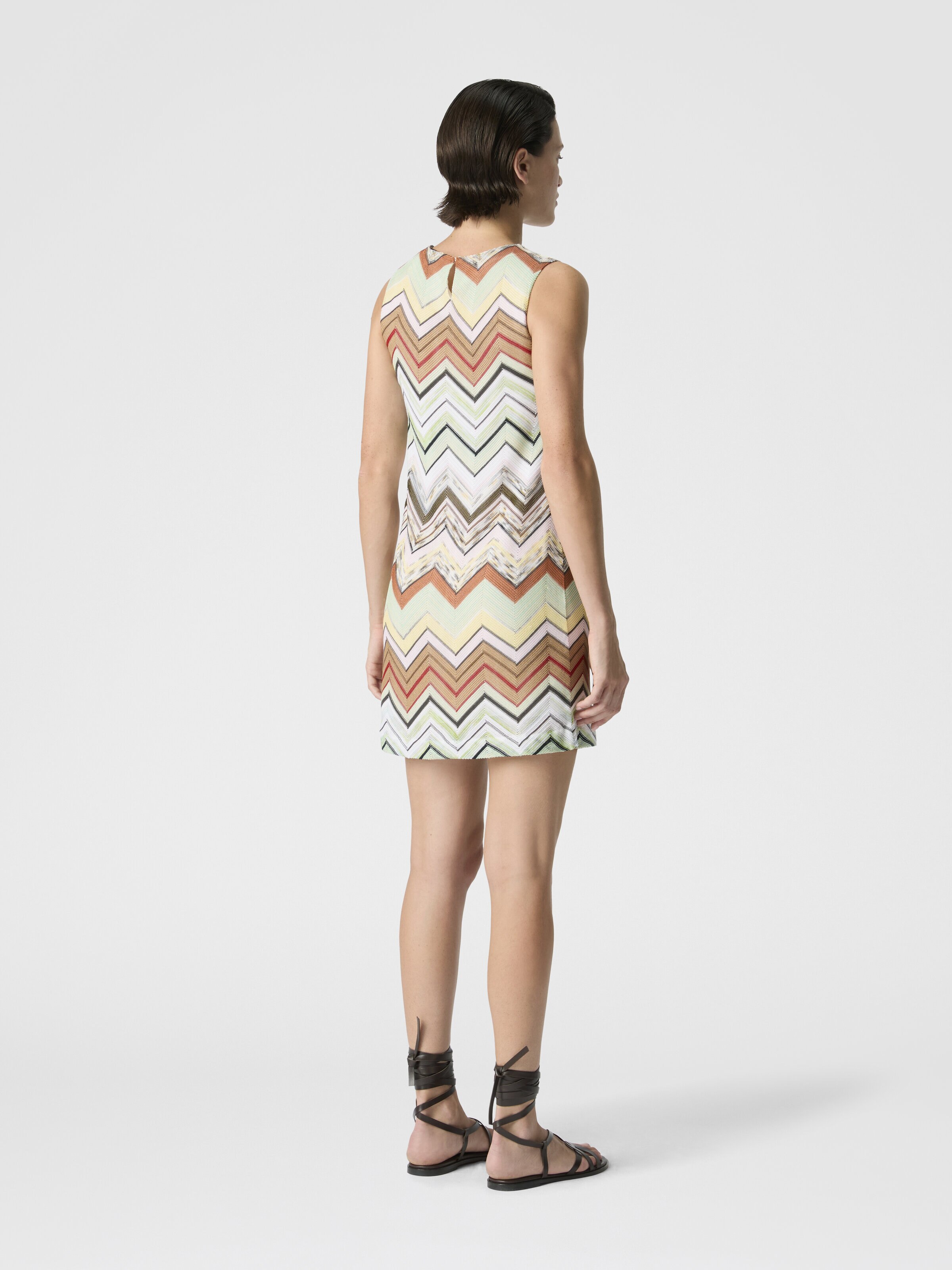 Sleeveless Chevron Viscose and Cotton Mini Dress, Green& Brown - 2
