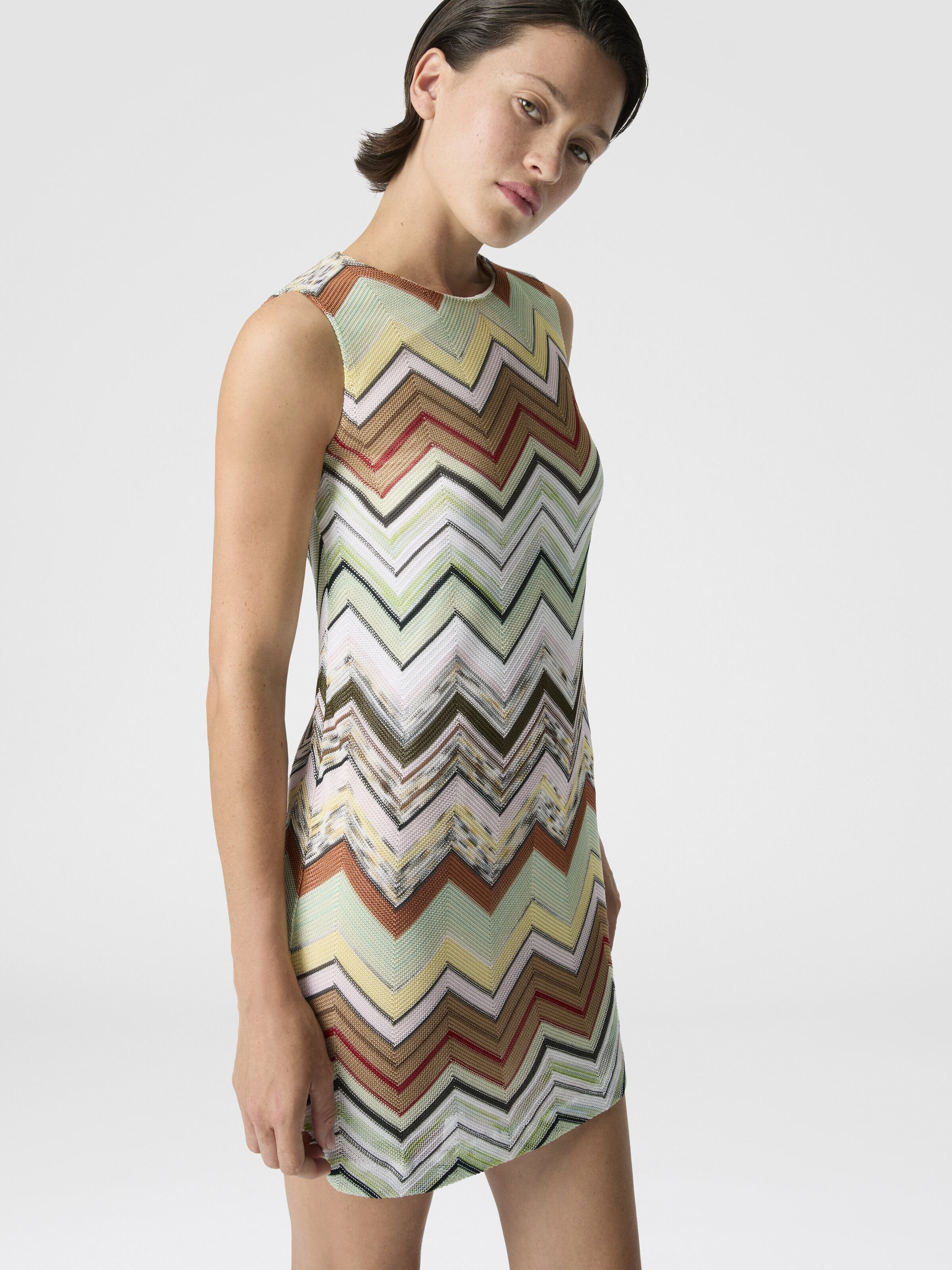 Sleeveless Chevron Viscose and Cotton Mini Dress, Green& Brown - 3