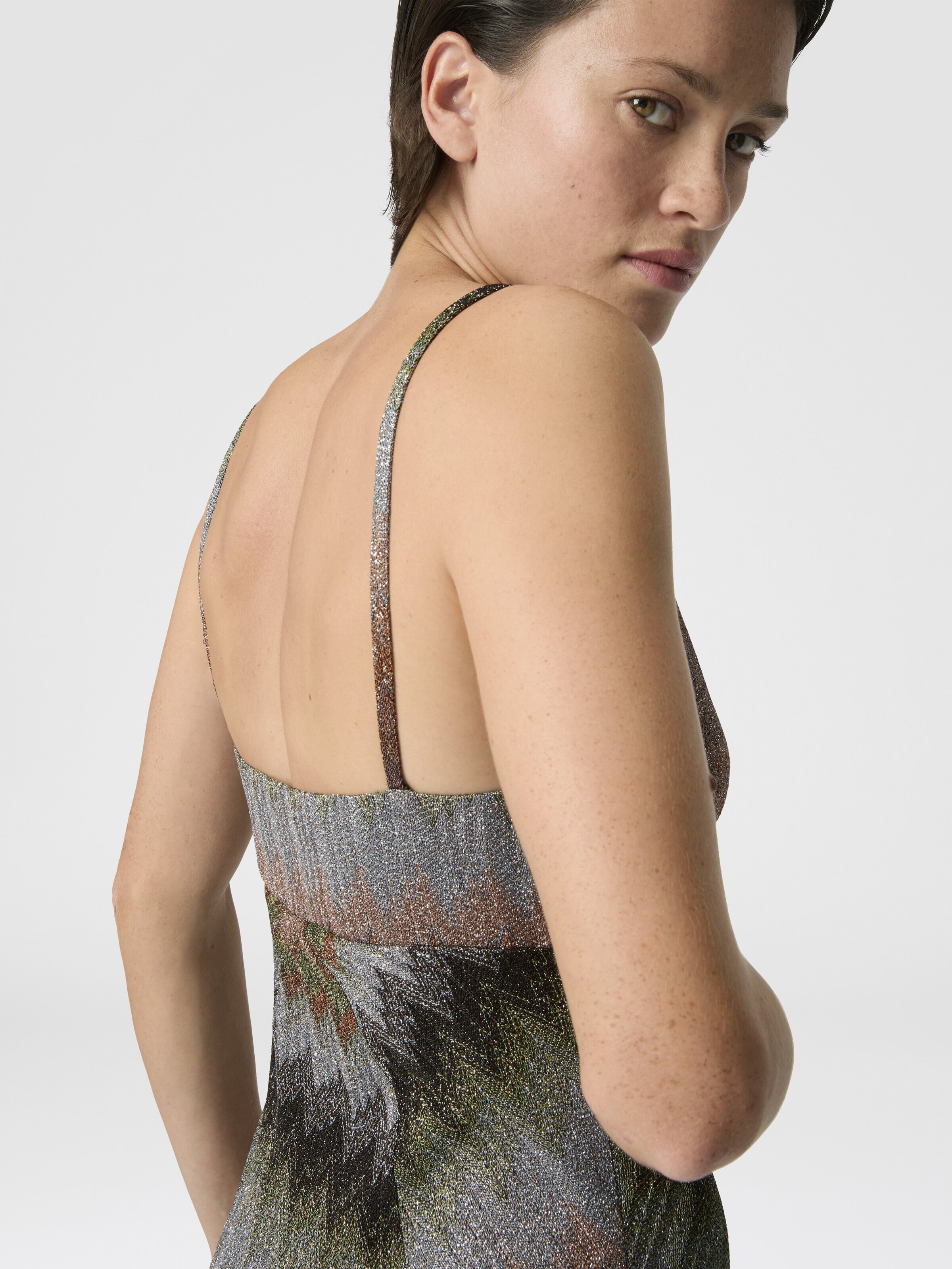 Sleeveless Viscose Lamé Mini Dress with Deep Neckline, Green& Brown - 4