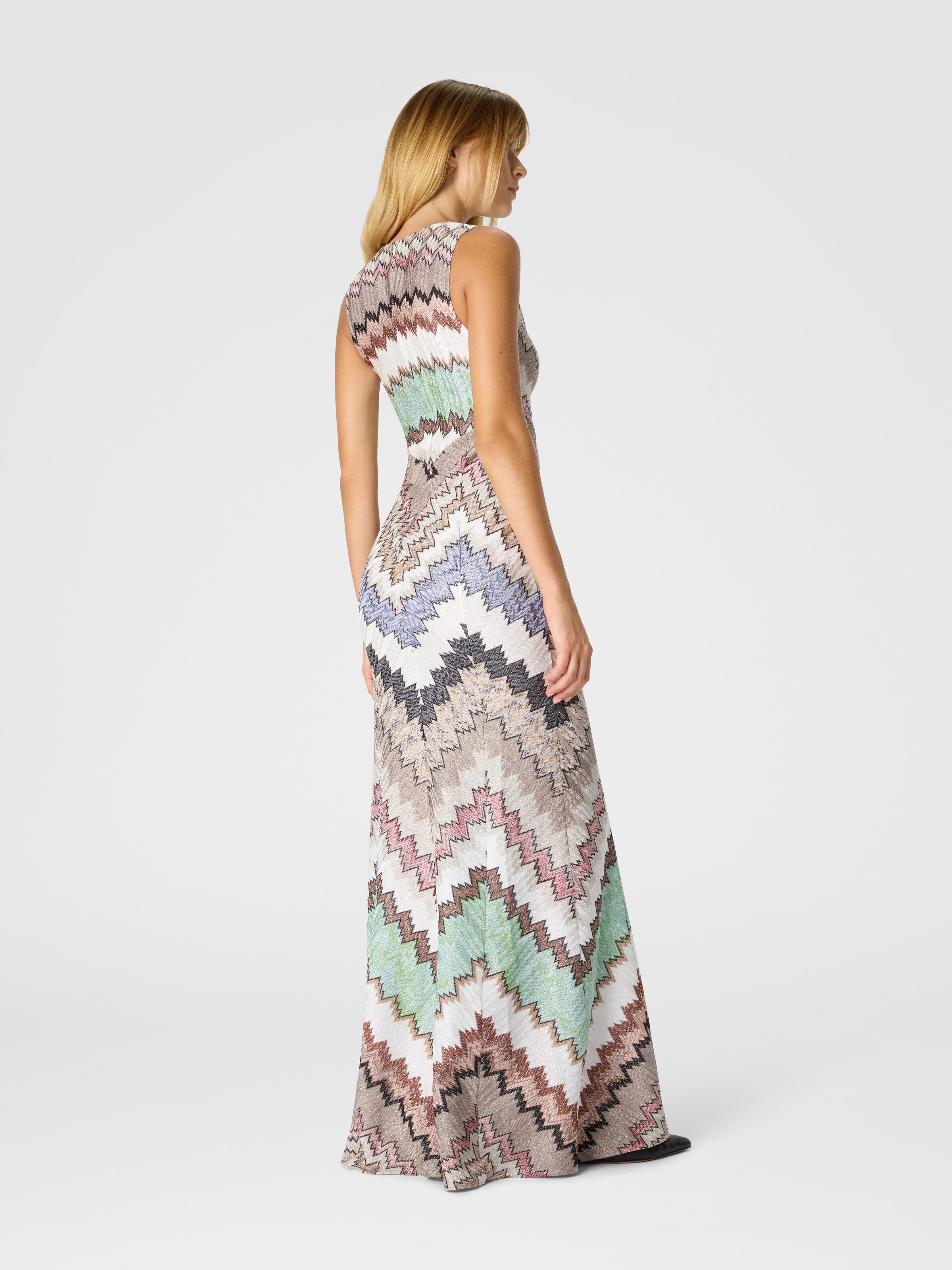 Viscose Lamé Gown with Deep V-Neck, Green& Brown - 2